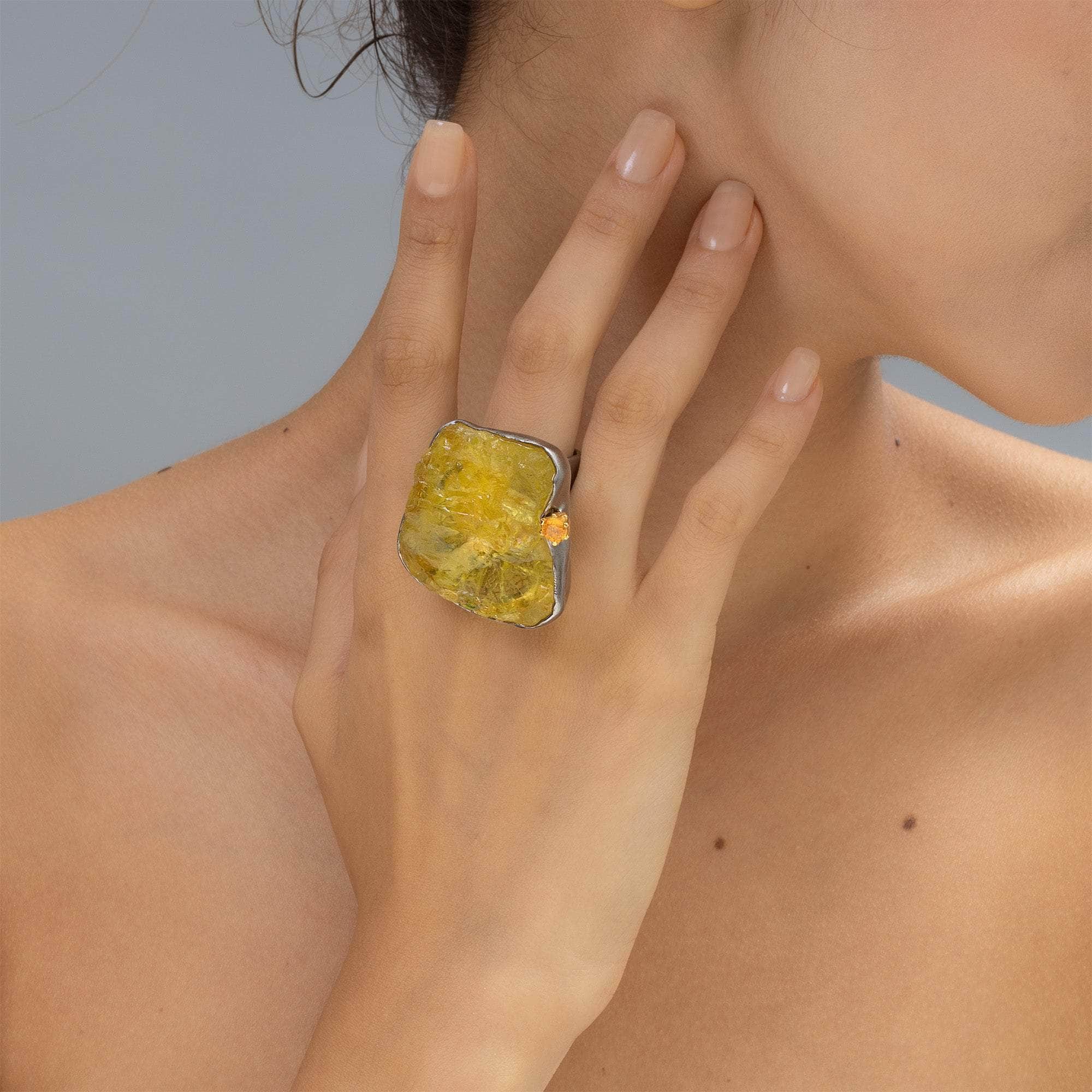 Zon Rough Lemon Quartz and Sapphire Ring