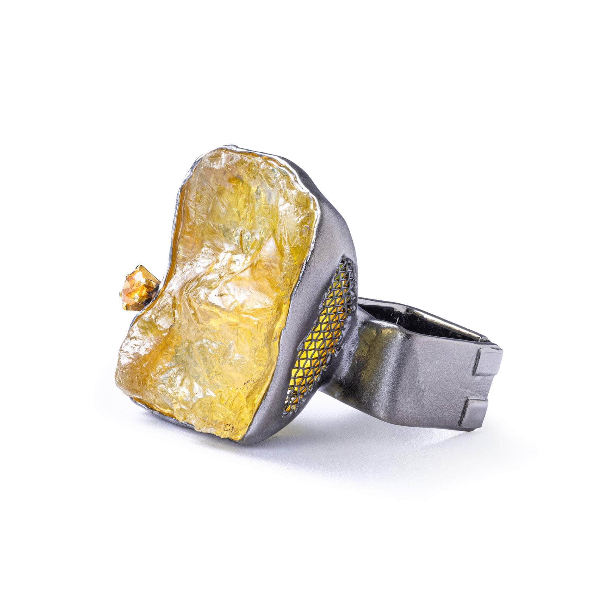 Zon Rough Lemon Quartz and Sapphire Ring