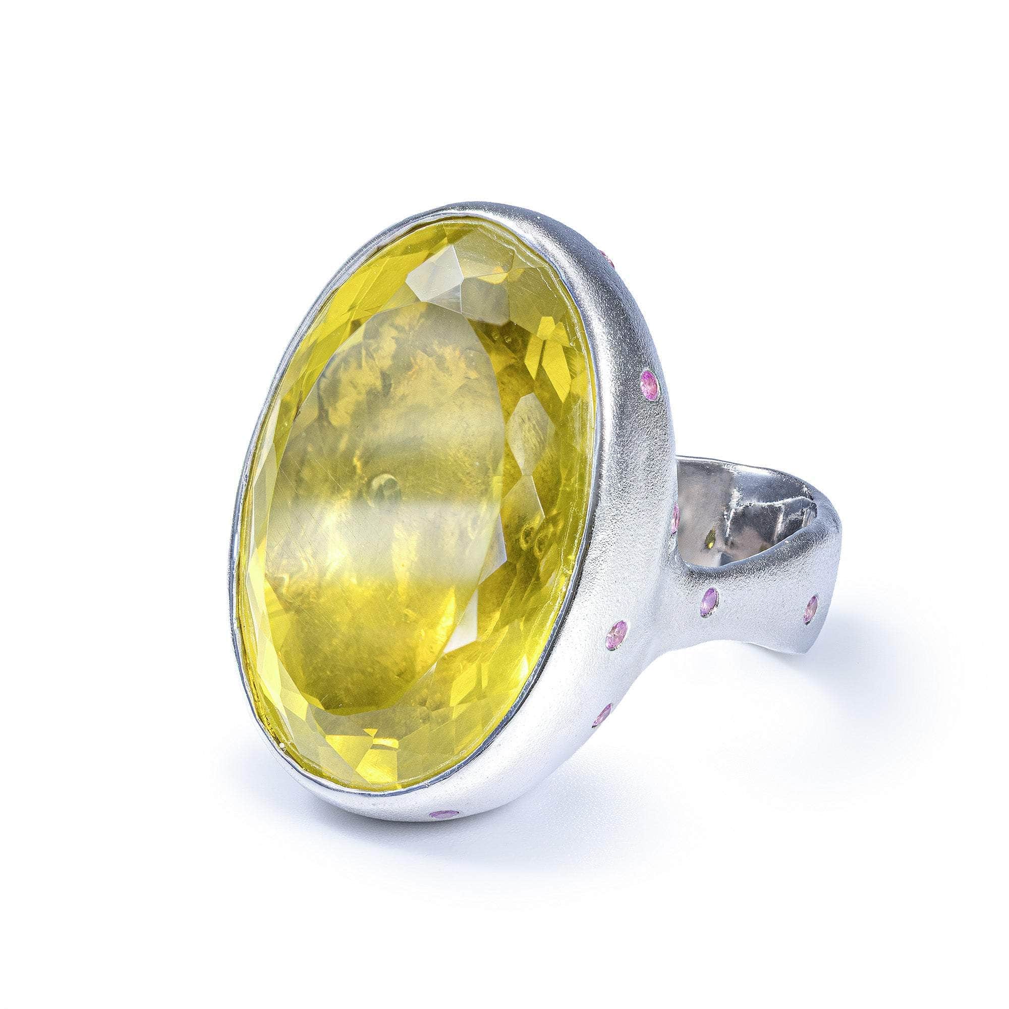 Helios Singular Statement Ring With Large Oval Lemon Quartz & Pink Sapphire Dots In 925 Sterling Silver