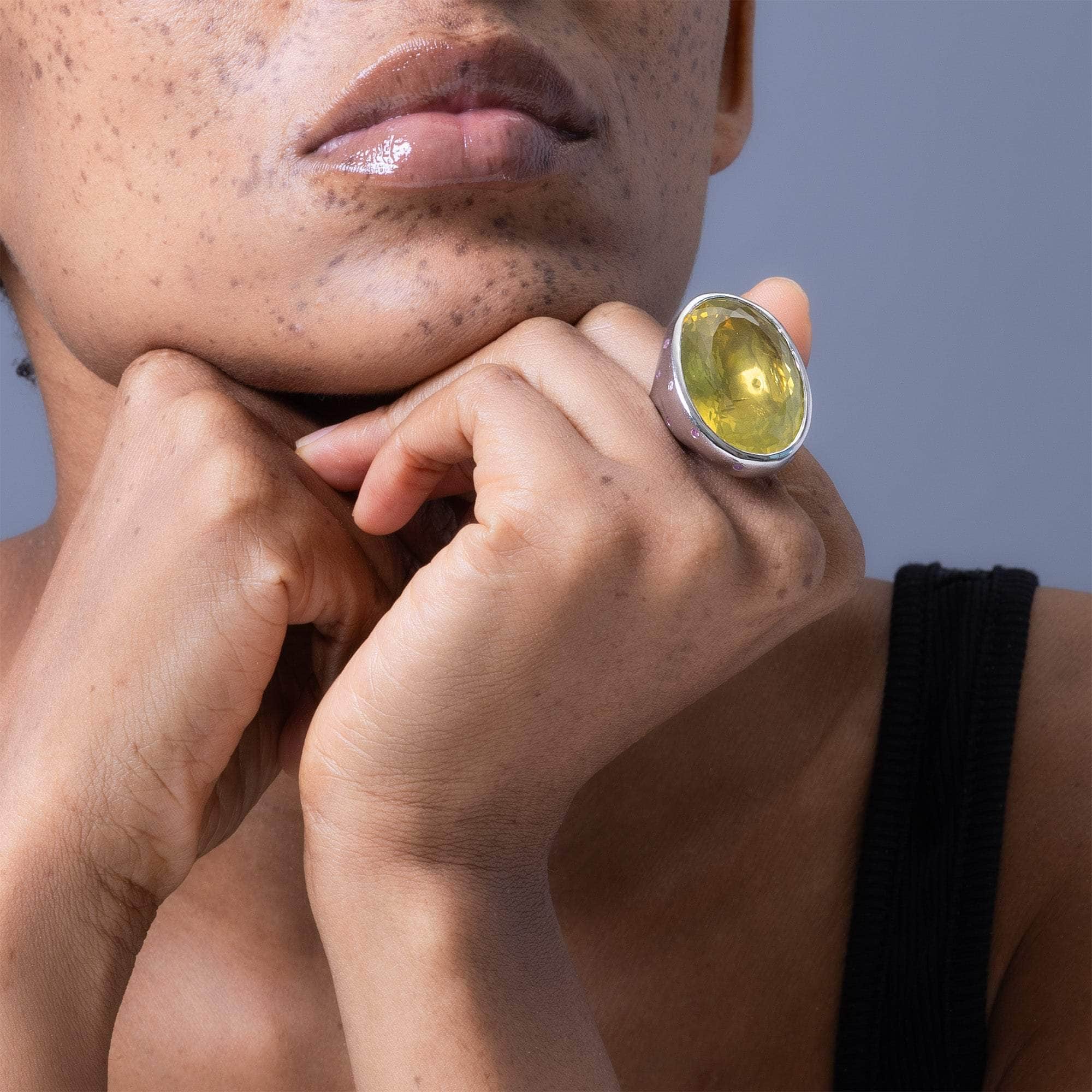 Helios Singular Statement Ring With Large Oval Lemon Quartz & Pink Sapphire Dots In 925 Sterling Silver