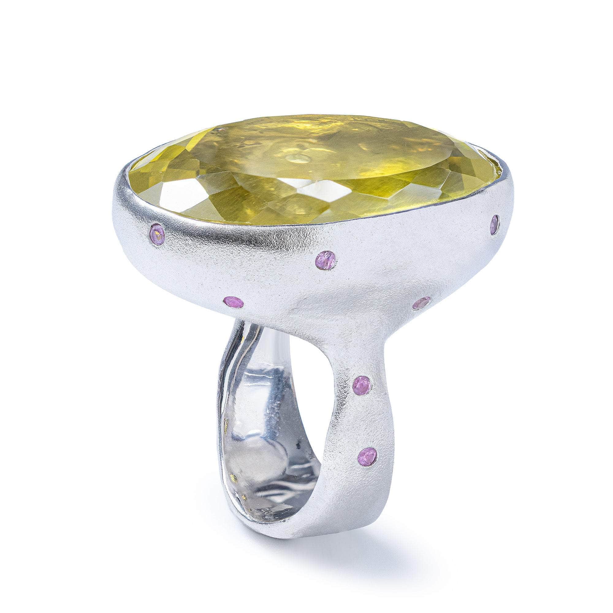 Helios Singular Statement Ring With Large Oval Lemon Quartz & Pink Sapphire Dots In 925 Sterling Silver