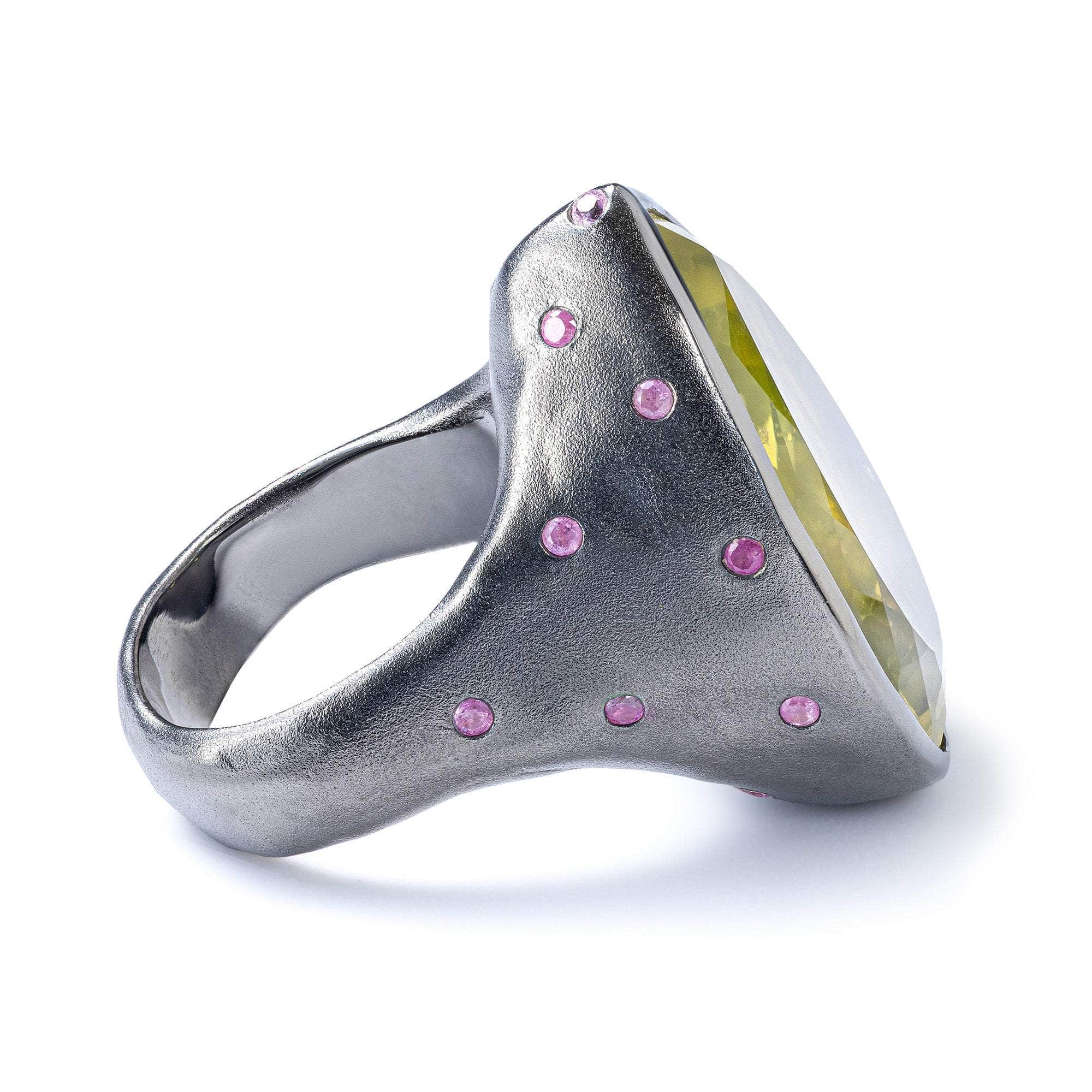 Solin Pear Cut Lemon Quartz & Pink Sapphire Ring In 925 Silver With Black Ruthenium And 18K Gold Plating