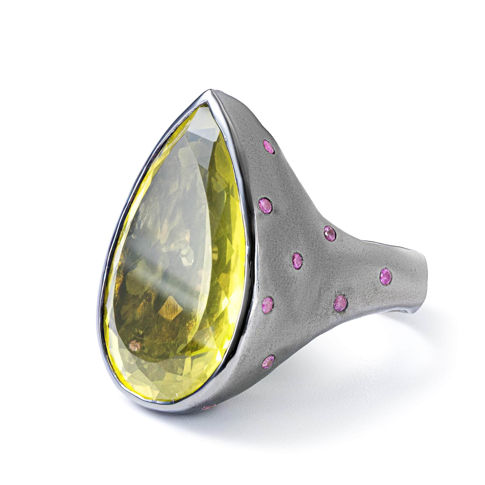 Solin Pear Cut Lemon Quartz & Pink Sapphire Ring In 925 Silver With Black Ruthenium And 18K Gold Plating