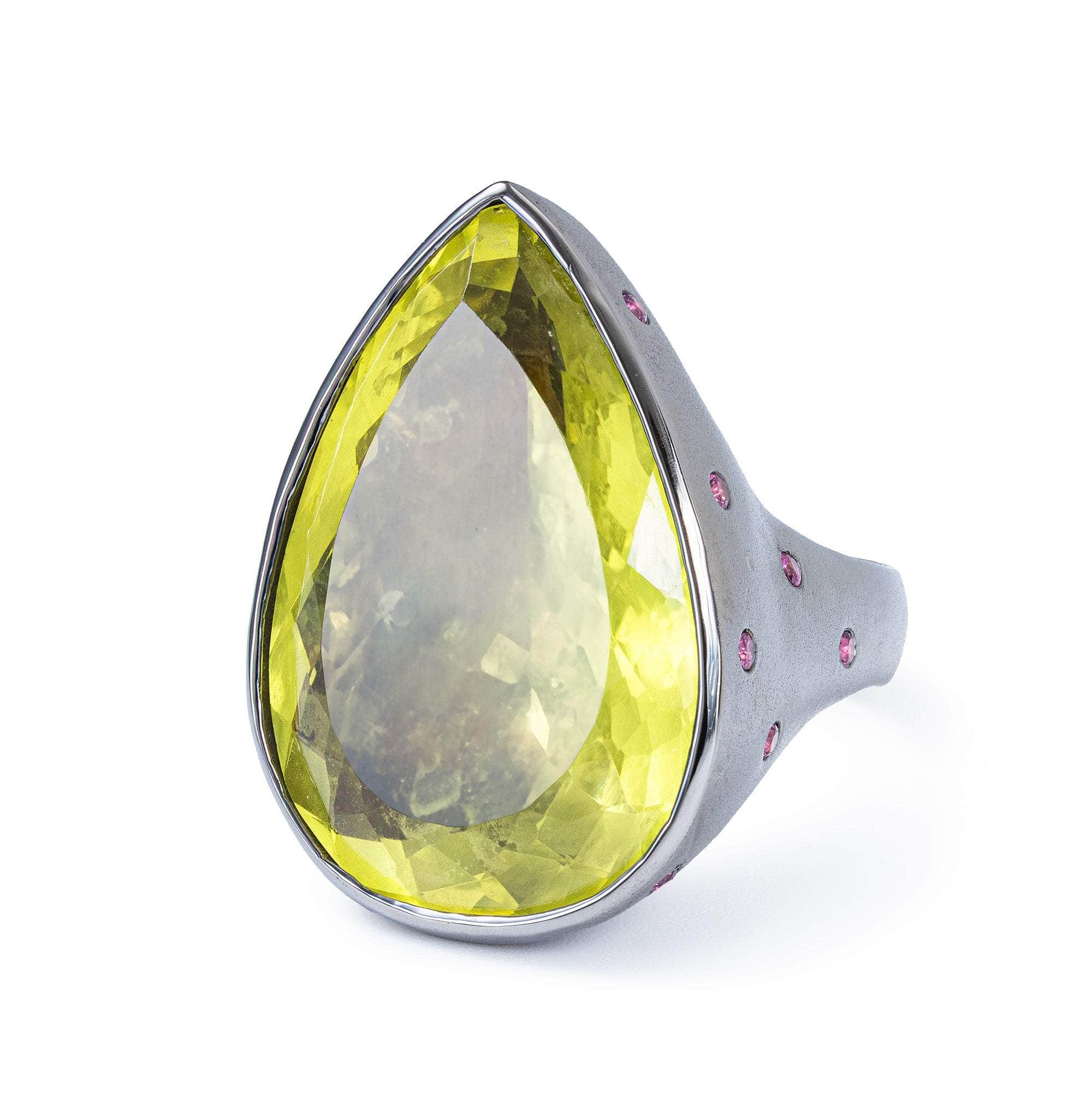 Cedro Pear Cut Lemon Quartz & Pink Sapphire Statement Ring In White Rhodium & Gold Plated Silver