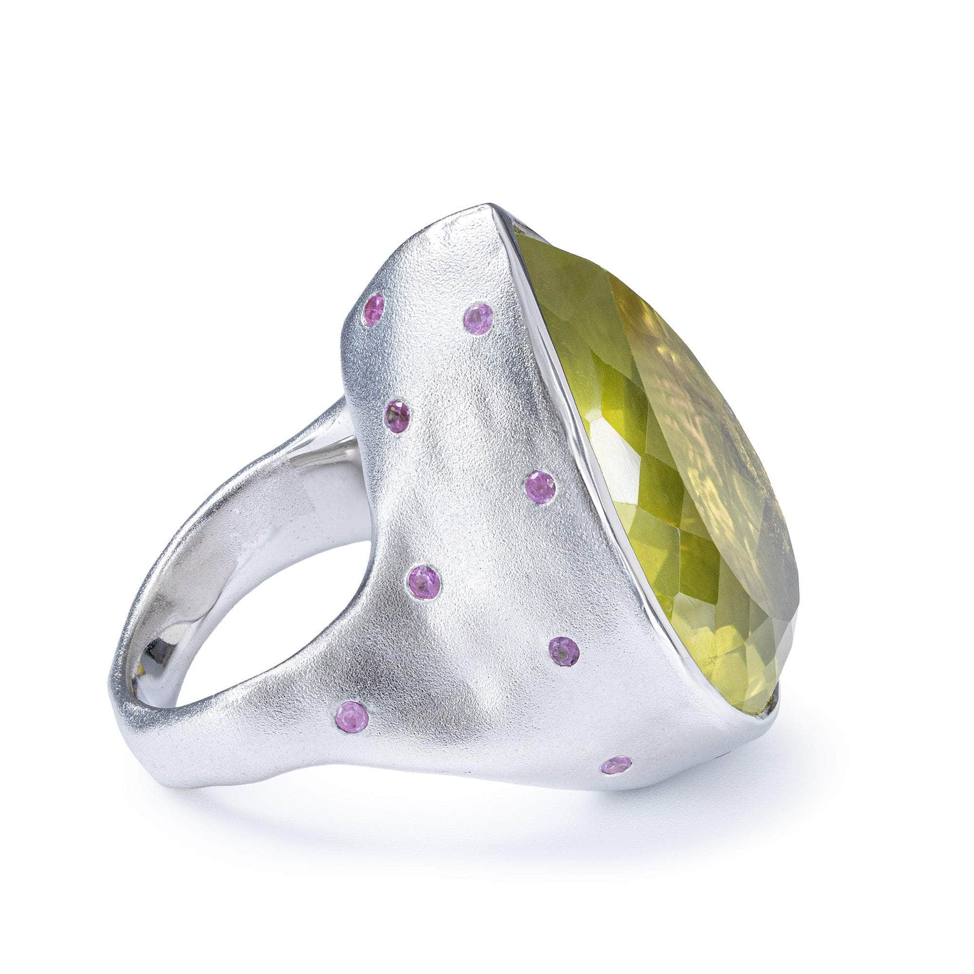 Cedro Pear Cut Lemon Quartz & Pink Sapphire Statement Ring In White Rhodium & Gold Plated Silver