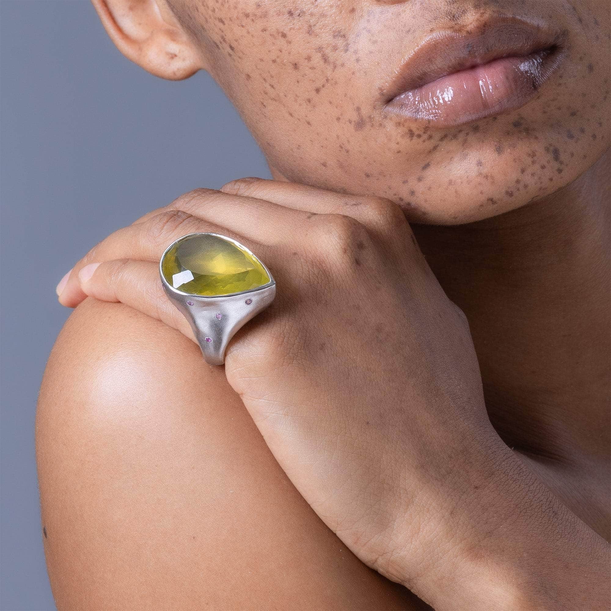 Cedro Pear Cut Lemon Quartz & Pink Sapphire Statement Ring In White Rhodium & Gold Plated Silver