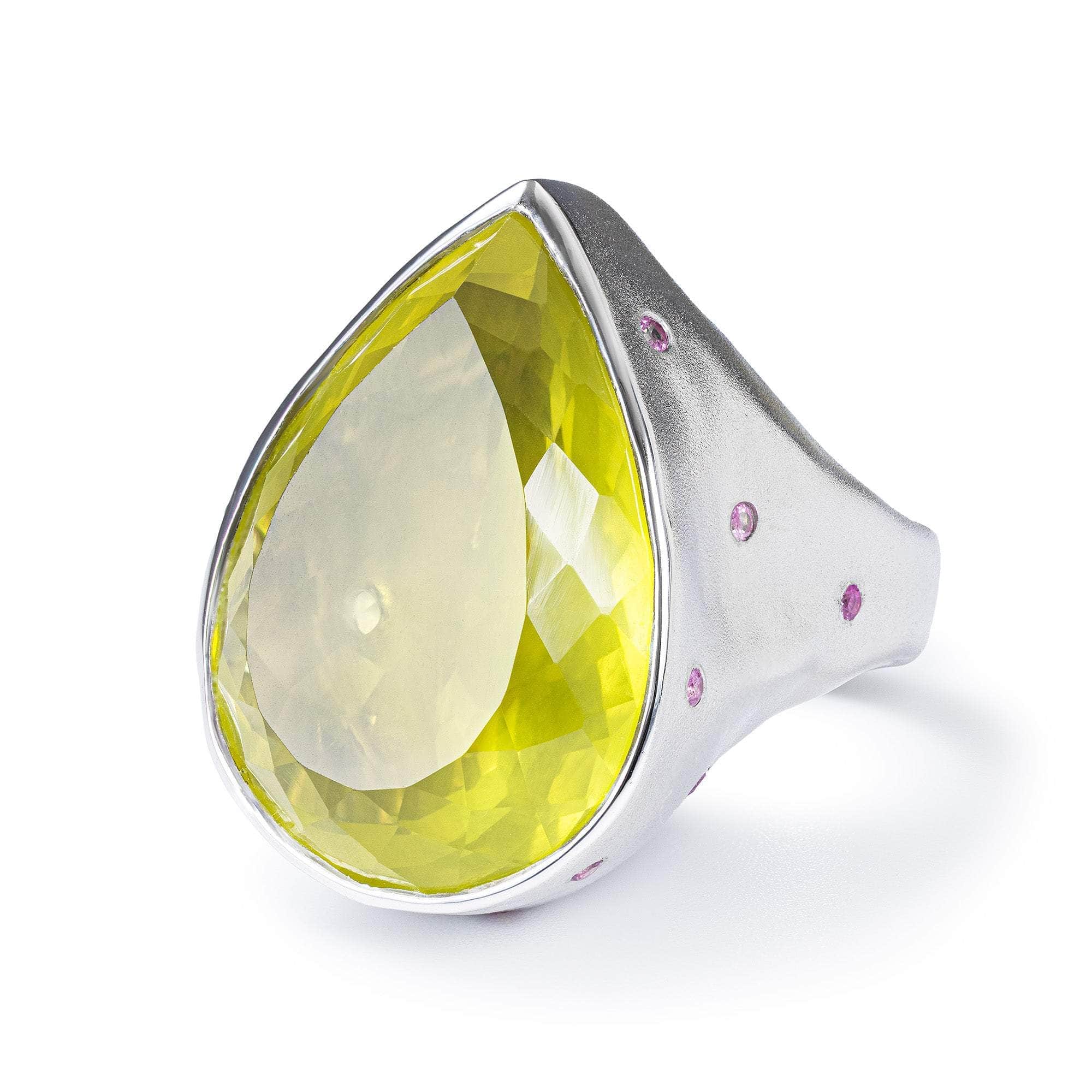 Cedro Pear Cut Lemon Quartz & Pink Sapphire Statement Ring In White Rhodium & Gold Plated Silver
