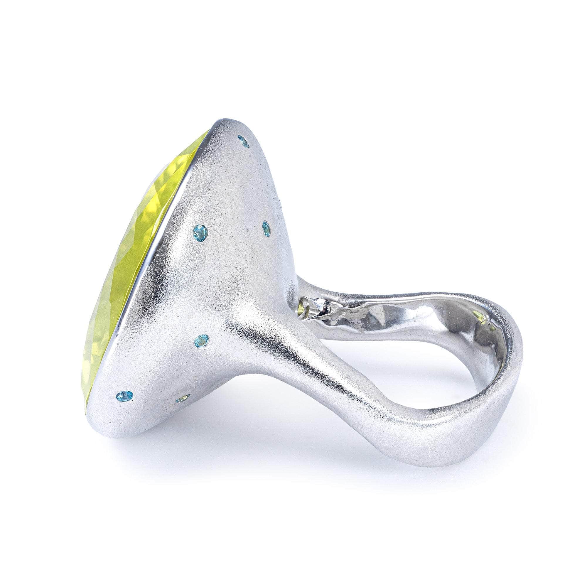 Lemoa Lemon Quartz & Blue Topaz Cocktail Ring In White Rhodium & Gold Plated 925 Silver