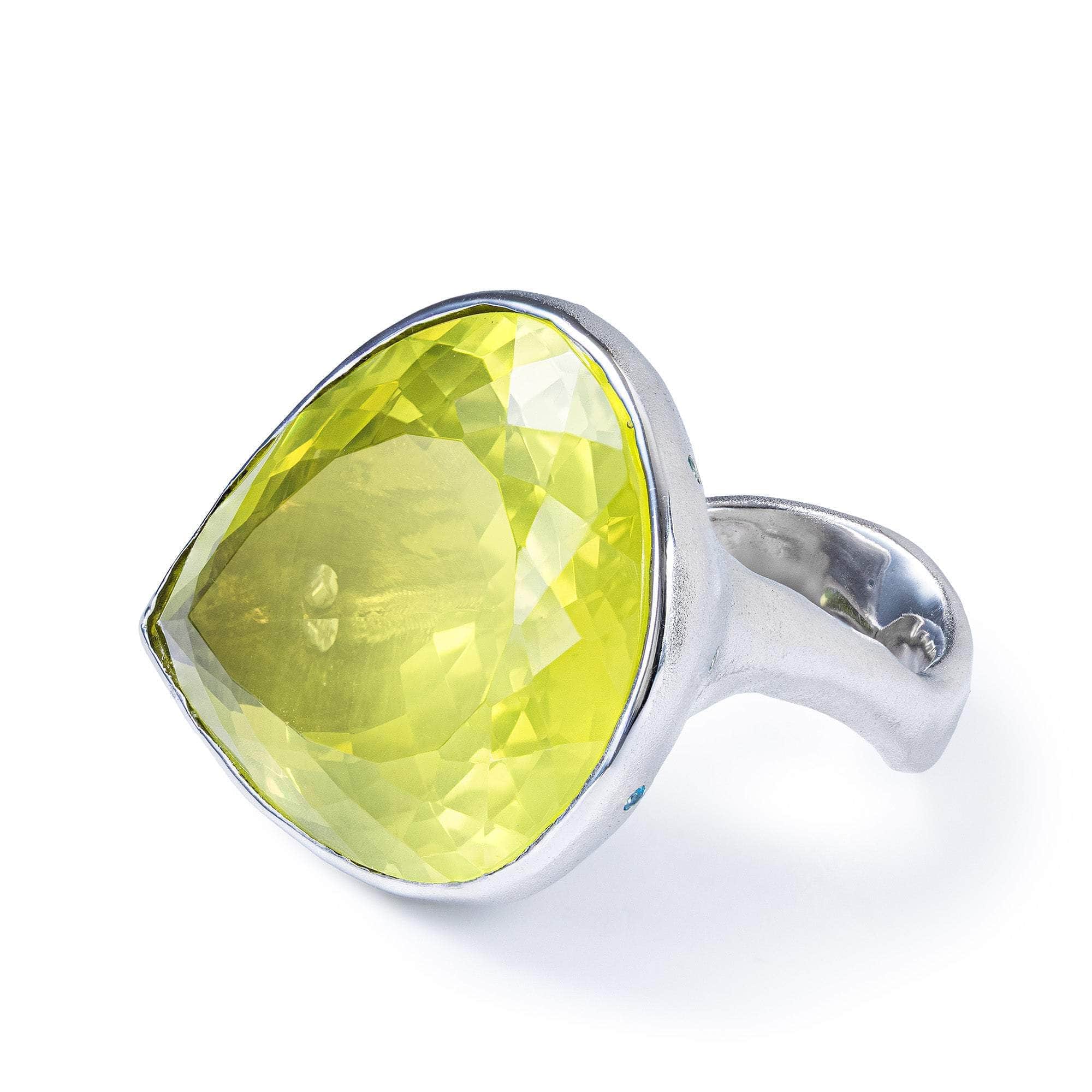 Lemoa Lemon Quartz & Blue Topaz Cocktail Ring In White Rhodium & Gold Plated 925 Silver