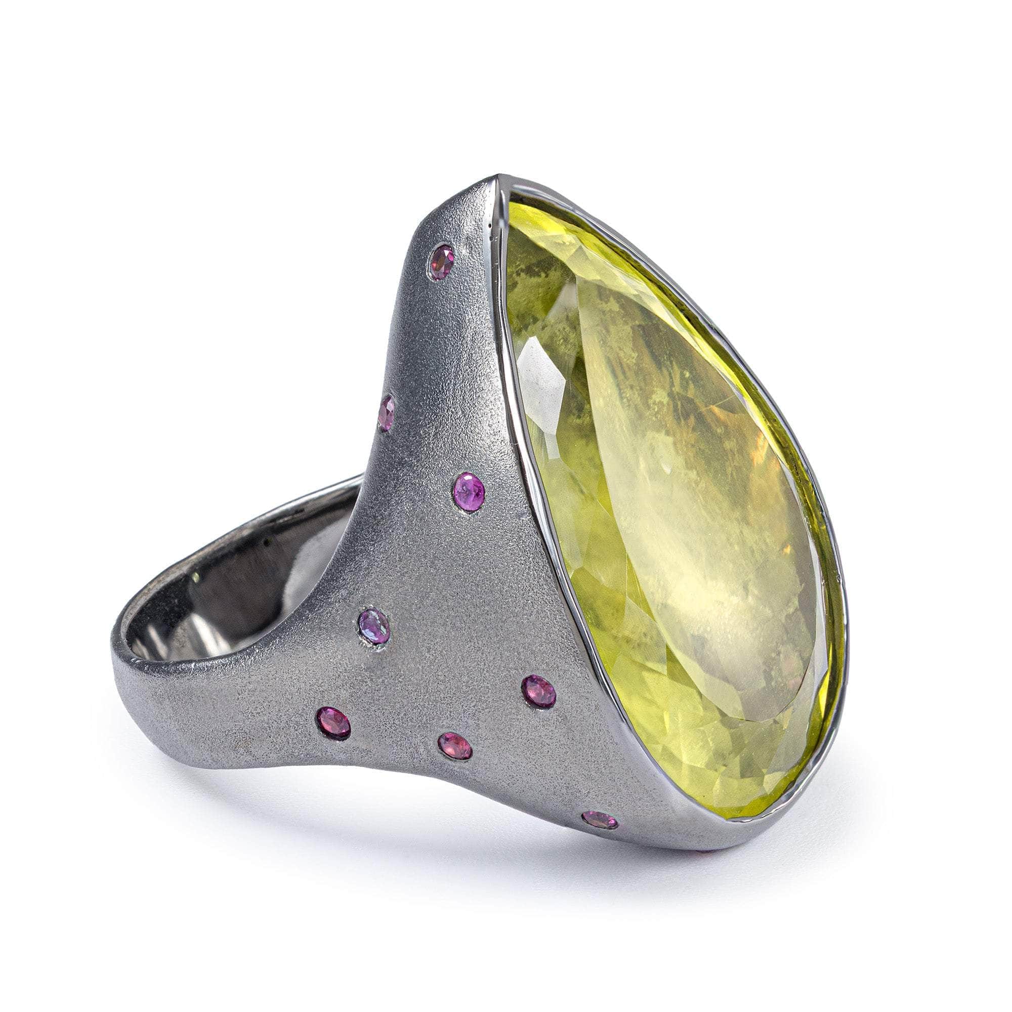 Lumi Lemon Quartz & Rhodolite Garnet Statement Ring In Black Rhodium & Gold Plated Silver
