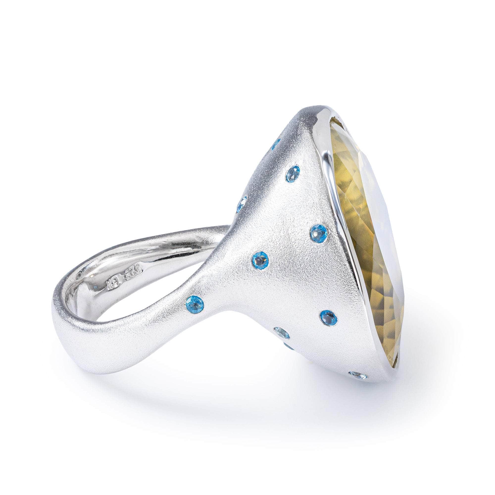 Thea Pear Cut Lemon Quartz & Blue Topaz Singular Ring In Ruthenium & 18K Gold Plated Silver
