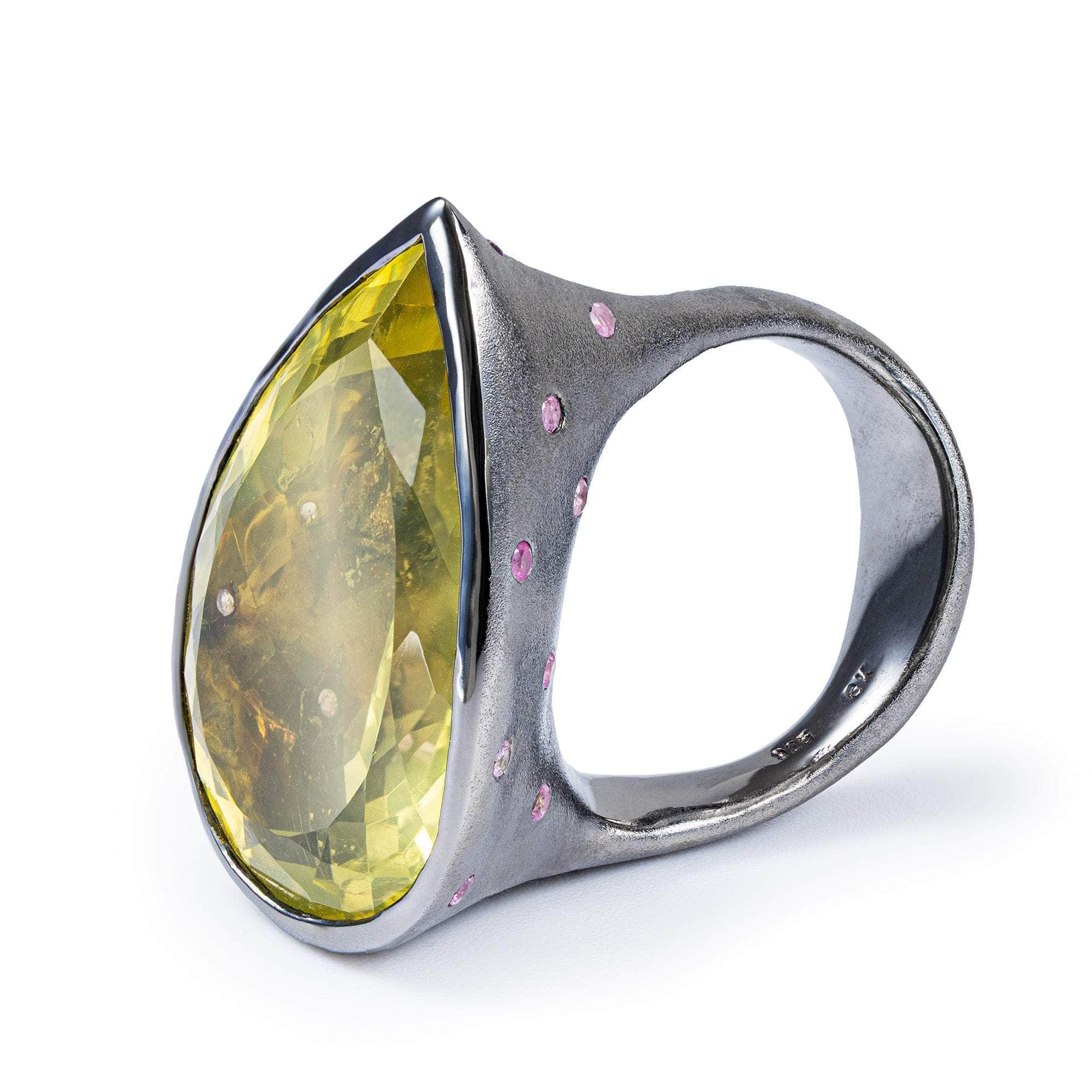 Ori Lemon Quartz & Pink Sapphire Statement Ring In Black Ruthenium & 18K Gold Plated Silver