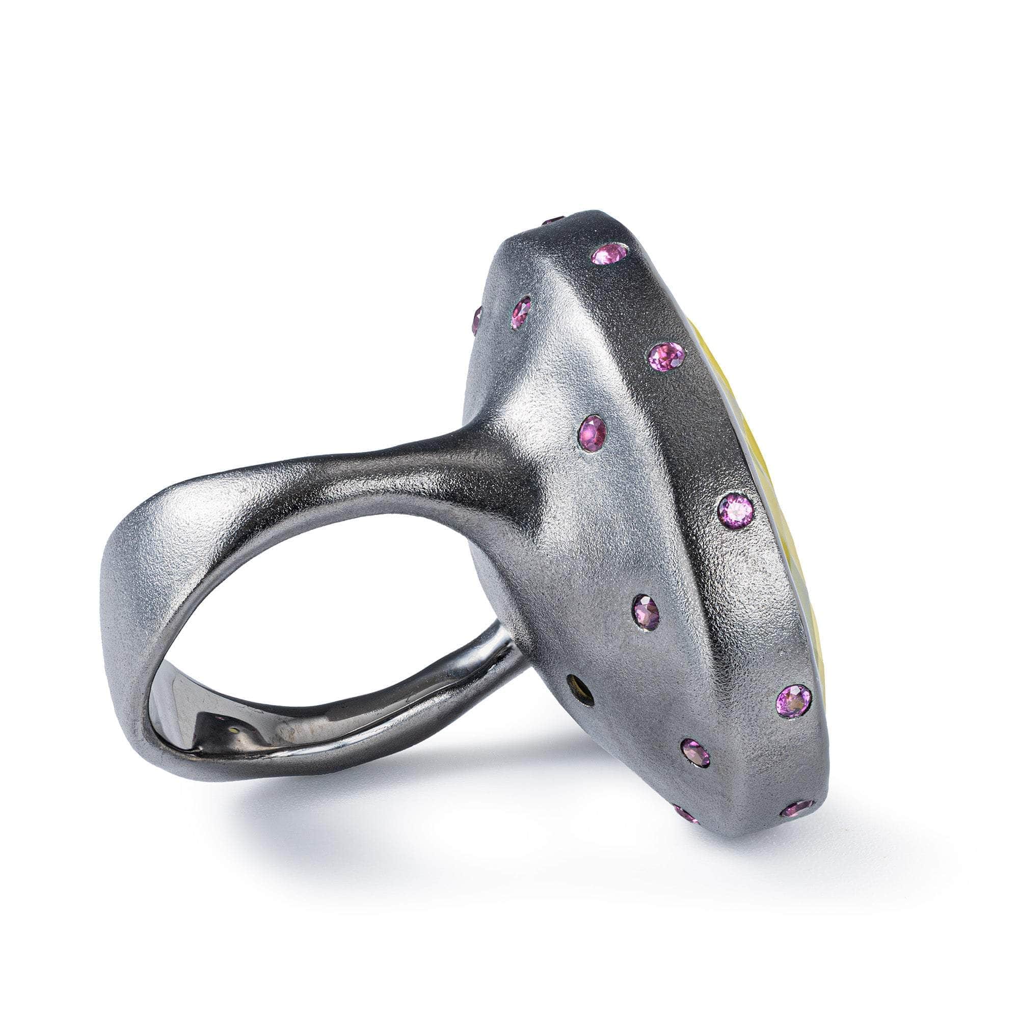 Chiara Oval Lemon Quartz & Rhodolite Garnet Statement Ring In Ruthenium & 18K Gold Plated Silver