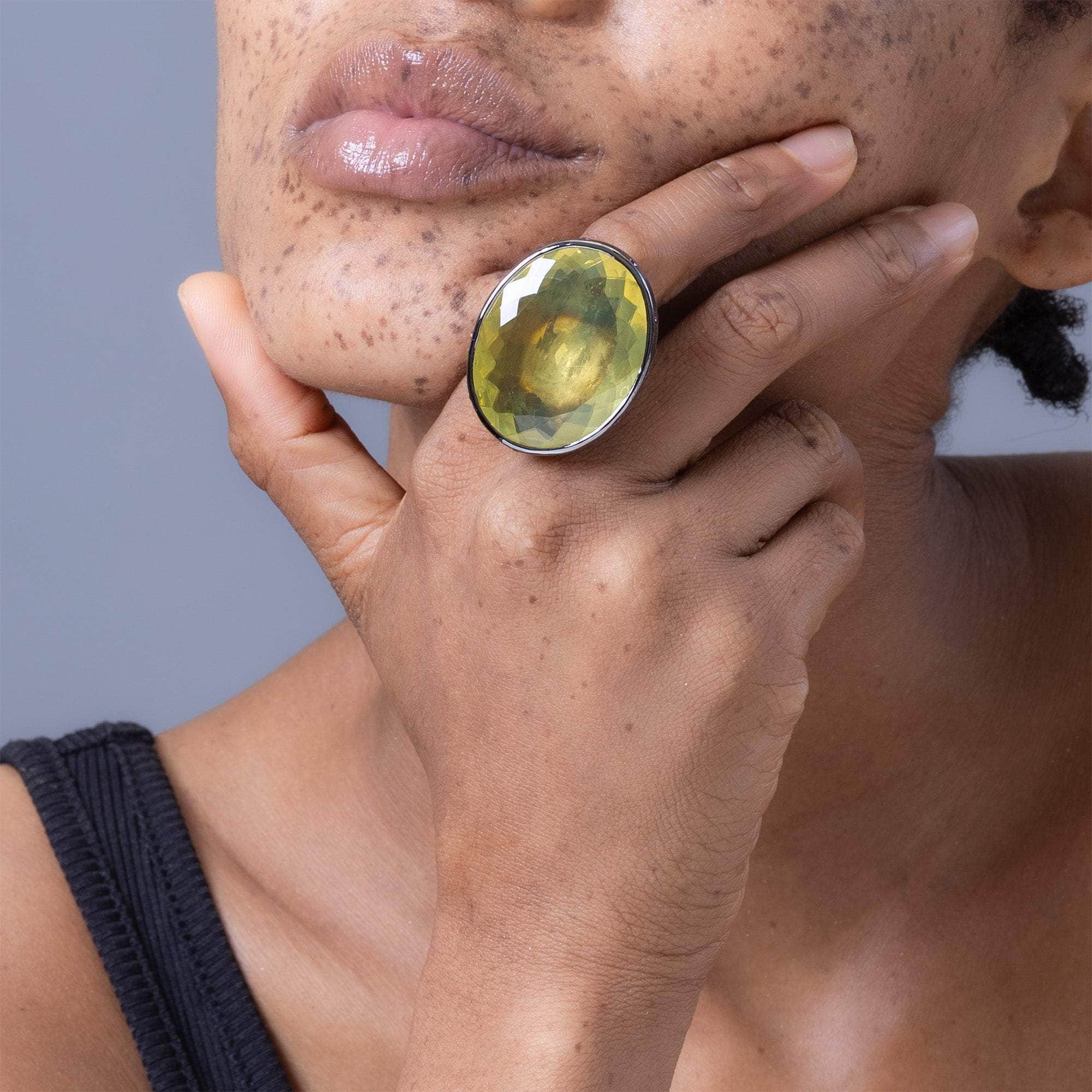 Chiara Oval Lemon Quartz & Rhodolite Garnet Statement Ring In Ruthenium & 18K Gold Plated Silver