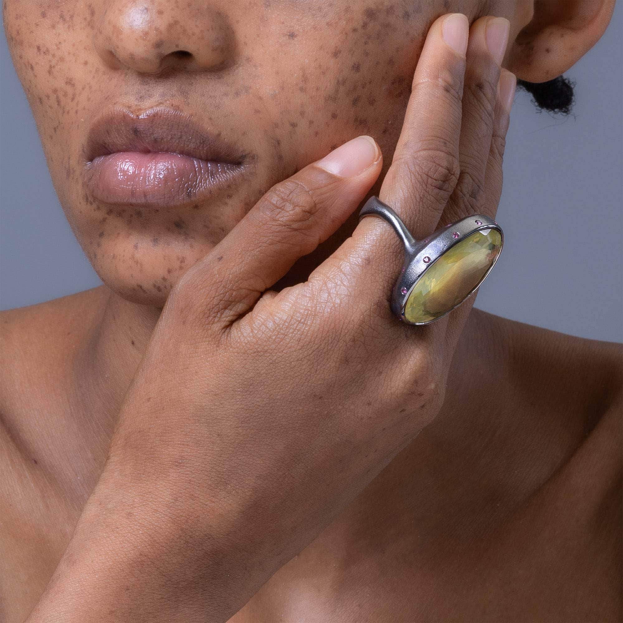 Chiara Oval Lemon Quartz & Rhodolite Garnet Statement Ring In Ruthenium & 18K Gold Plated Silver