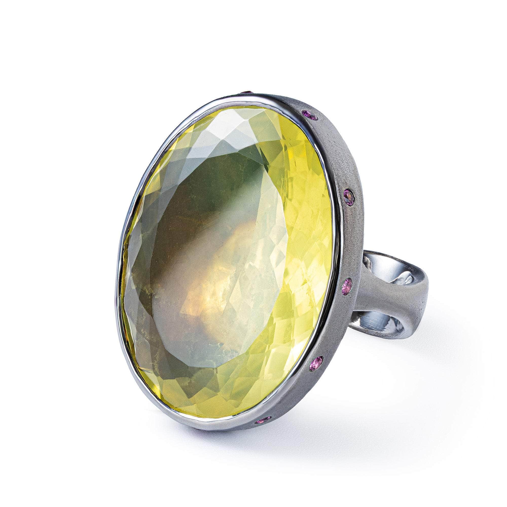 Chiara Oval Lemon Quartz & Rhodolite Garnet Statement Ring In Ruthenium & 18K Gold Plated Silver