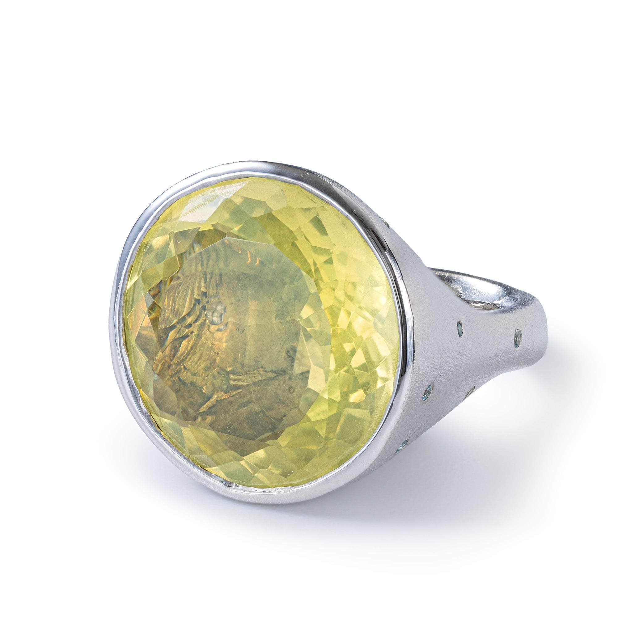 Clarion Round Lemon Quartz & Blue Topaz Singular Ring In White Rhodium & 18K Gold Plated Silver