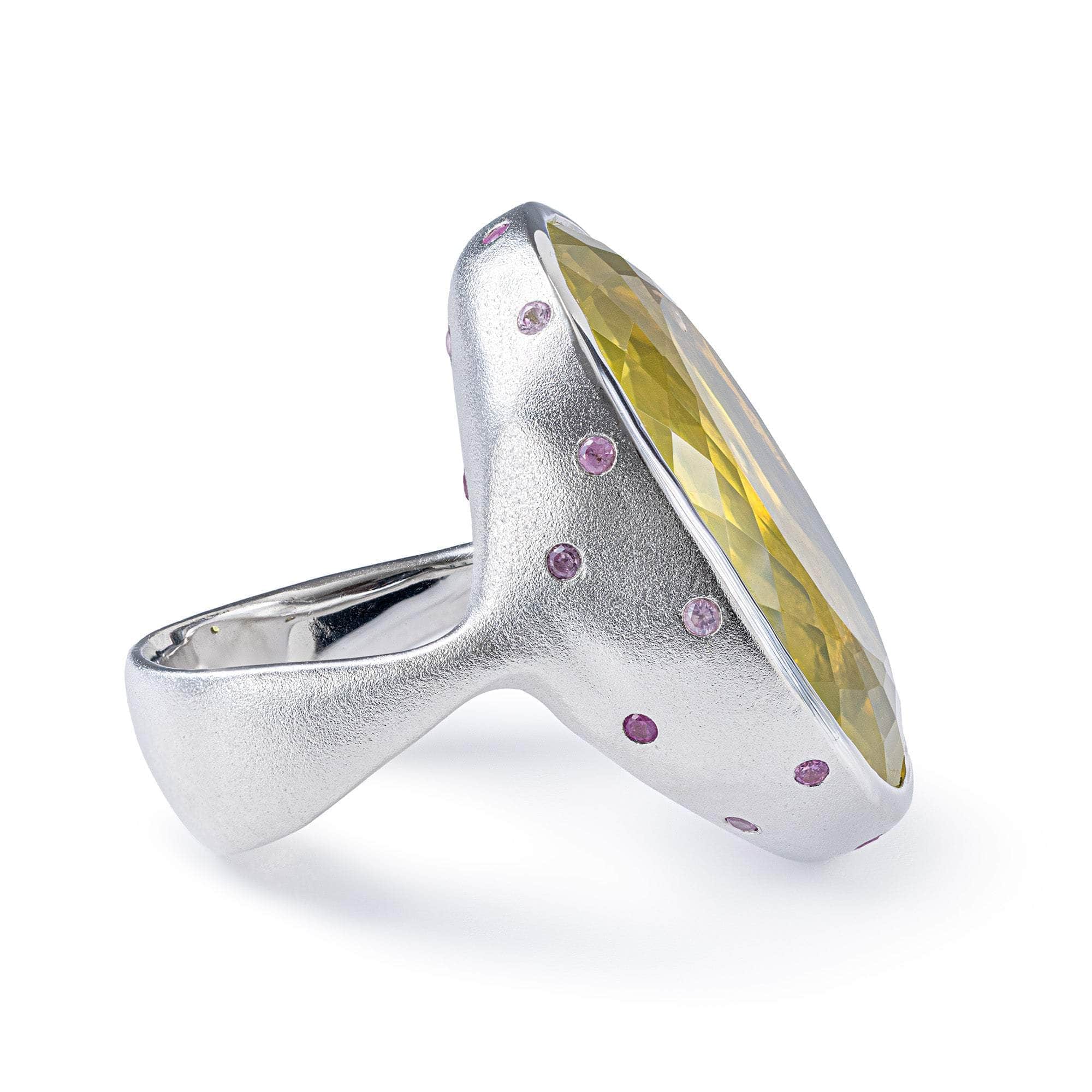 Lucene Oval Cut Lemon Quartz & Pink Sapphire Silver Ring Plated In White Rhodium & 18K Gold