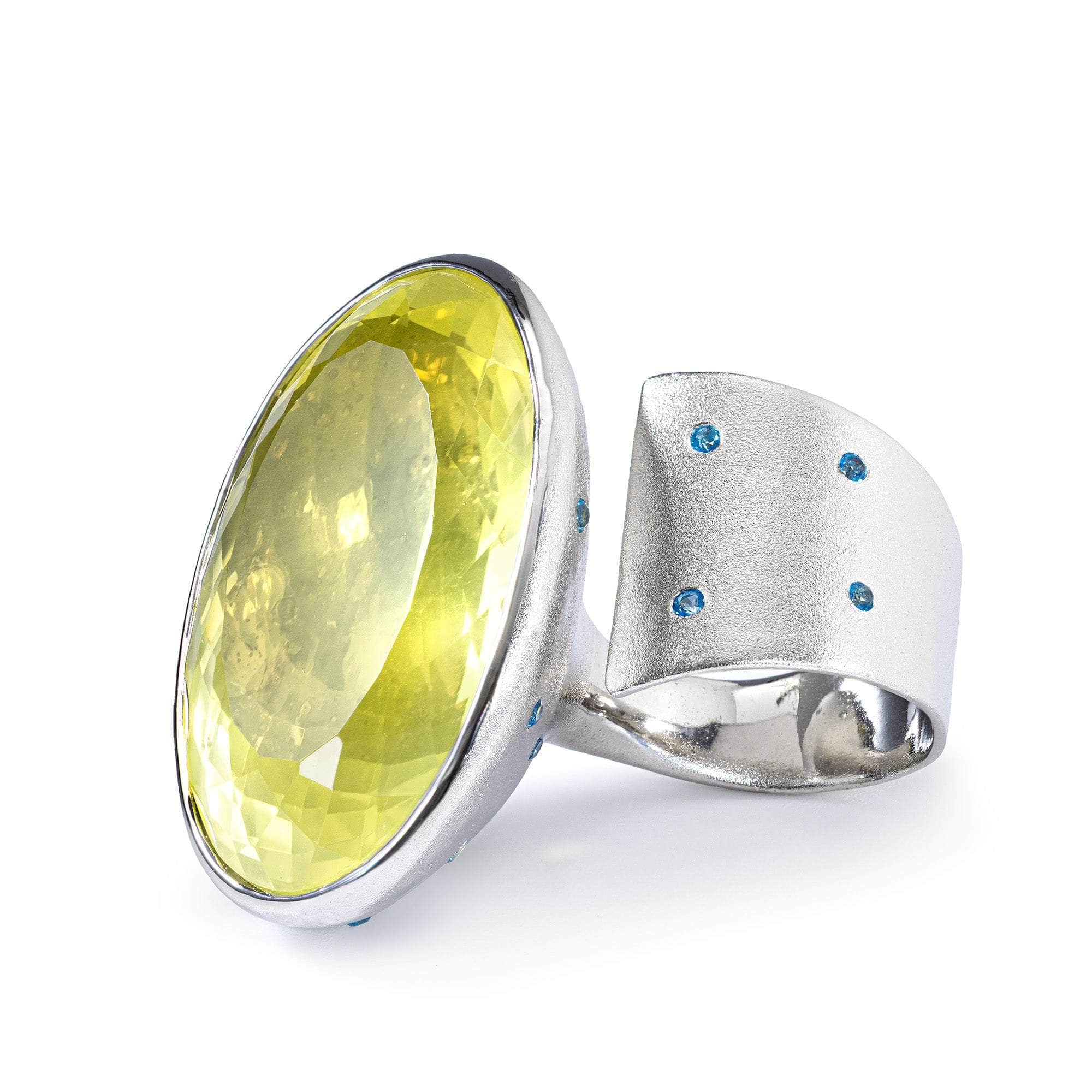 Ayla Lemon Quartz & Blue Topaz Open Band Ring In White Rhodium & 18K Gold Plated Silver