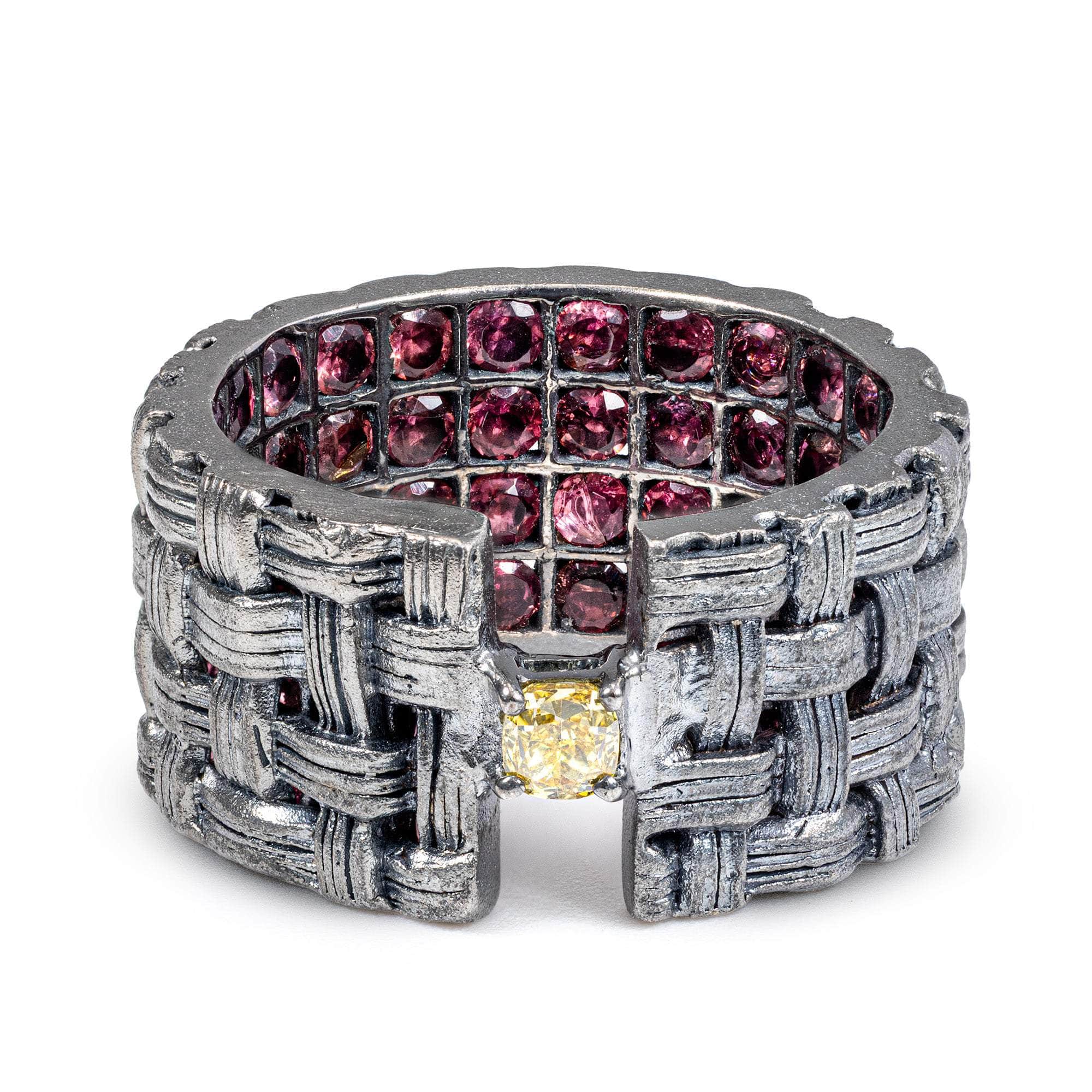 Alter Ego Statement Ring in Silver with 0.15 Carat Golden Diamond Crown & Rhodolite Garnets Hidden Inside