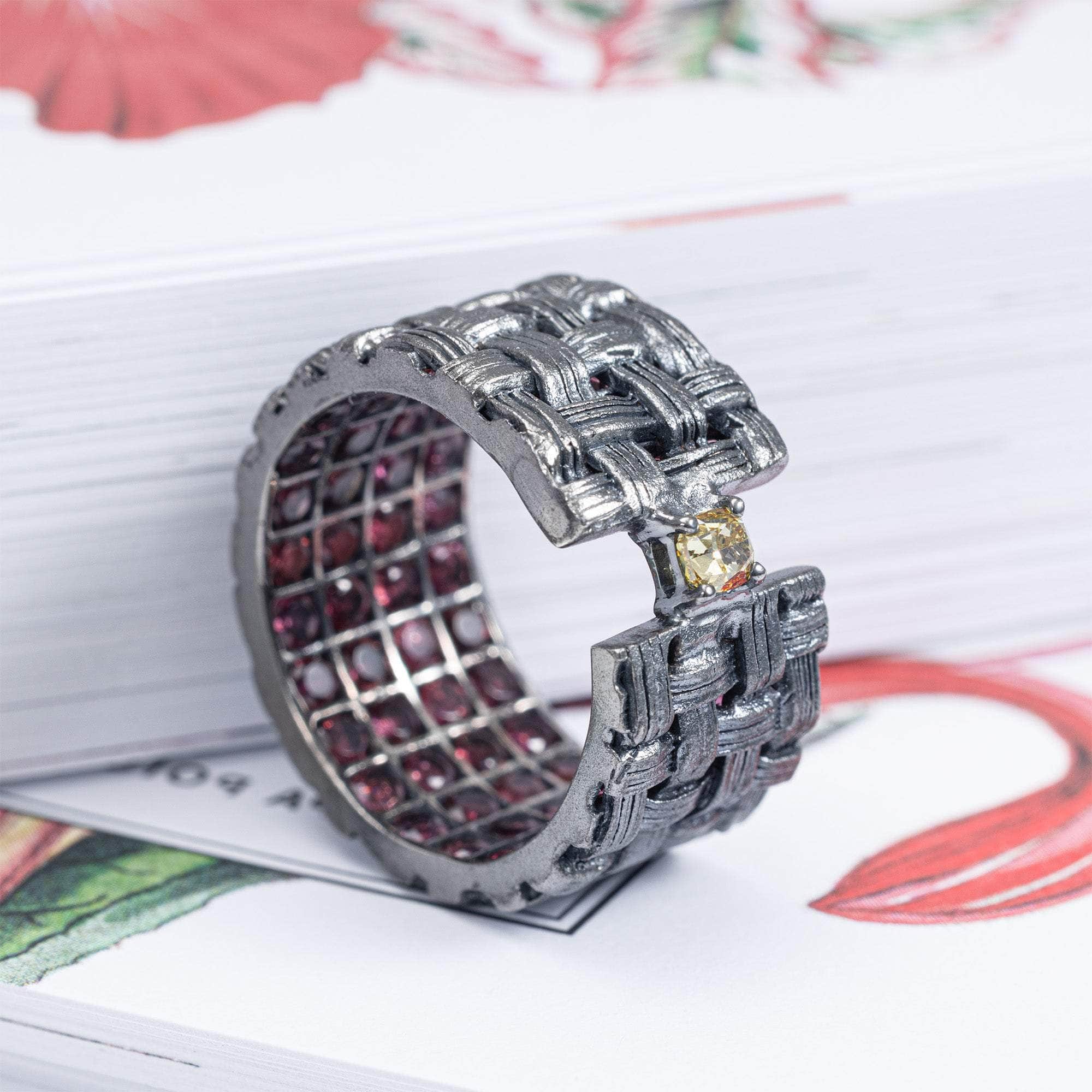 Alter Ego Statement Ring in Silver with 0.15 Carat Golden Diamond Crown & Rhodolite Garnets Hidden Inside
