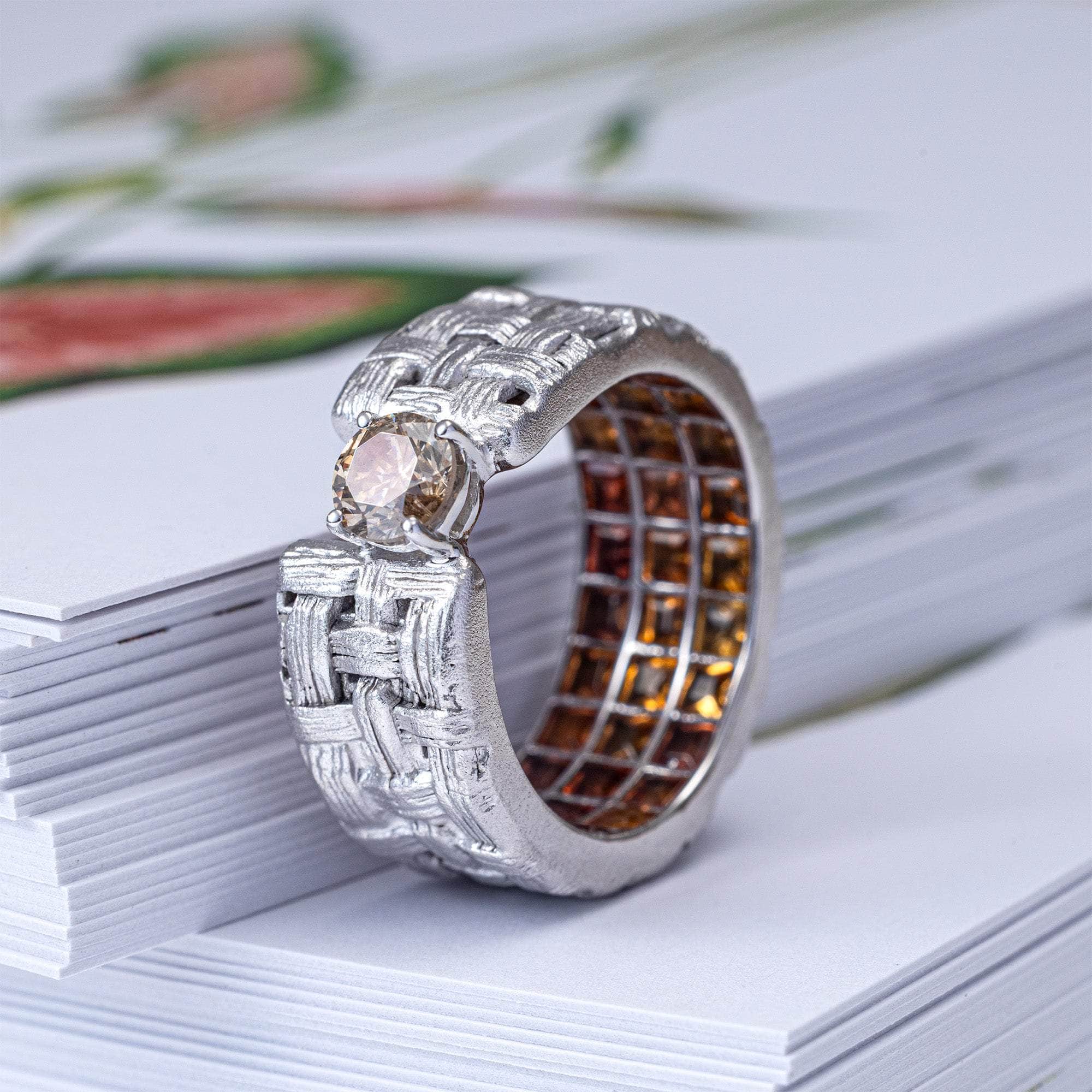 Erato Сollectible Egoist Ring with 0.50 Carat Fancy Diamond & Orange Sapphires Inside Textured Silver Band