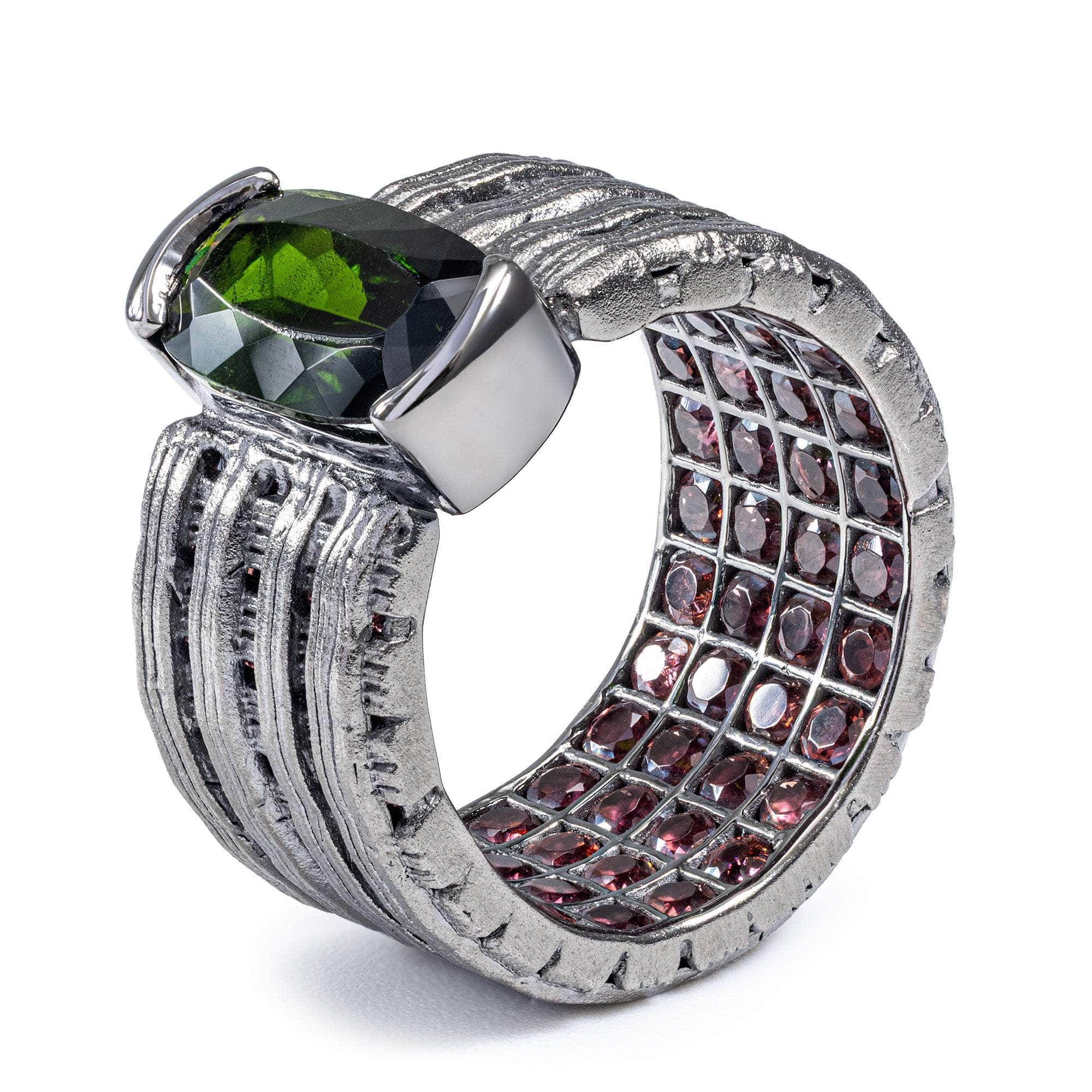 Tyche Singular Egoist Ring with Octagon Chrome Diopside & Hidden Rhodolite Garnet in Sterling Silver Band