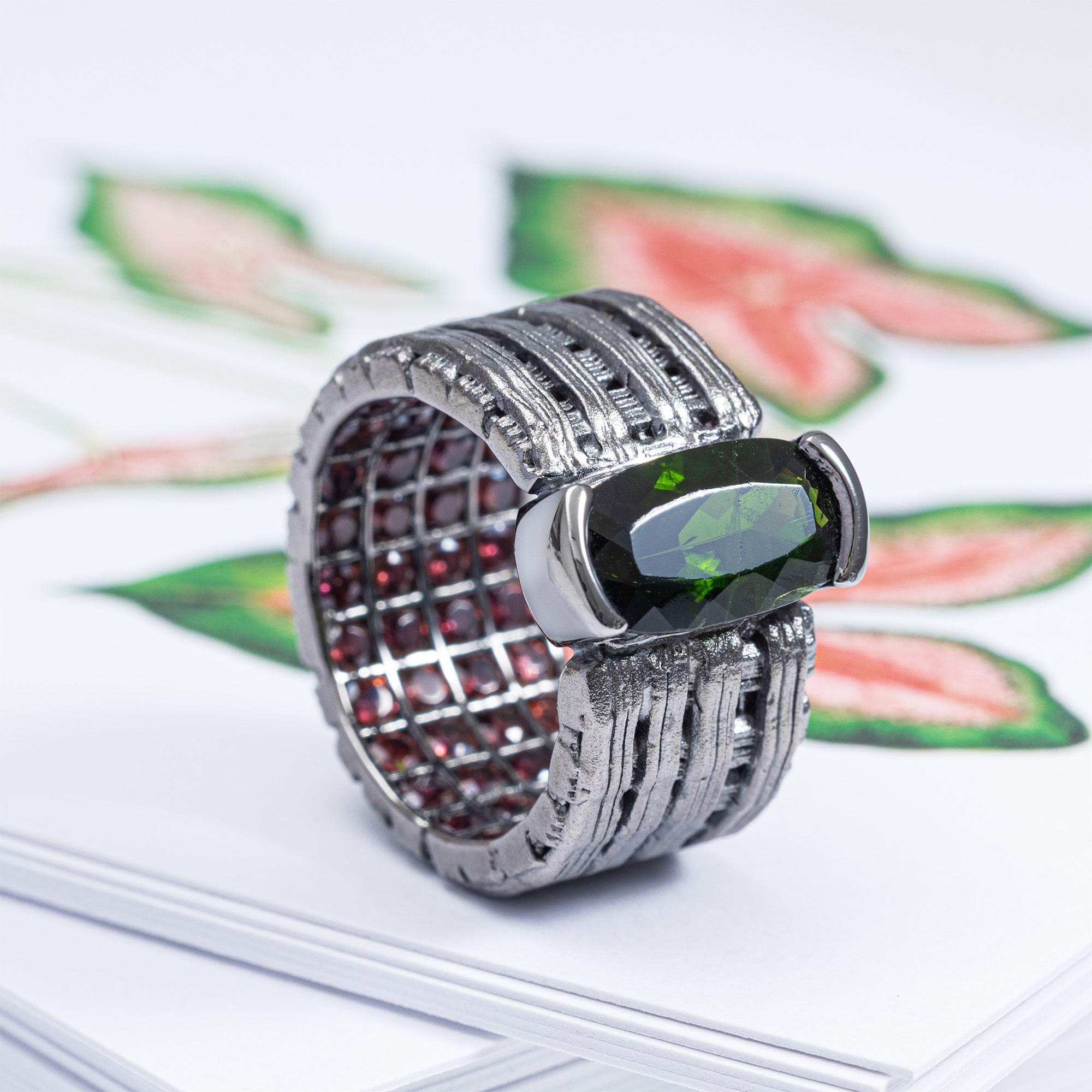 Tyche Singular Egoist Ring with Octagon Chrome Diopside & Hidden Rhodolite Garnet in Sterling Silver Band