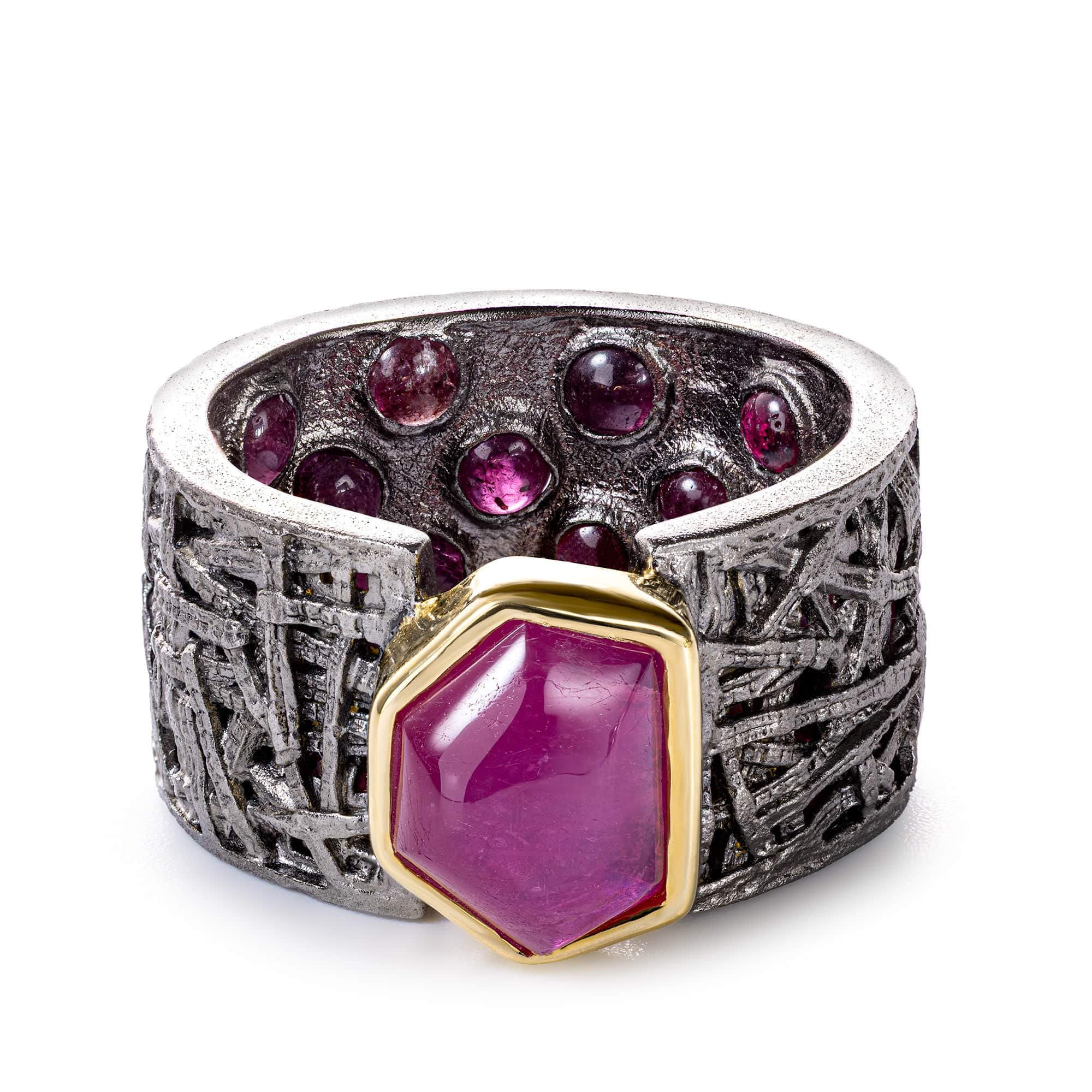 Kay Singular Edition Fancy-Cut Ruby Barrel Ring in Black Ruthenium & Gold-Plated Silver