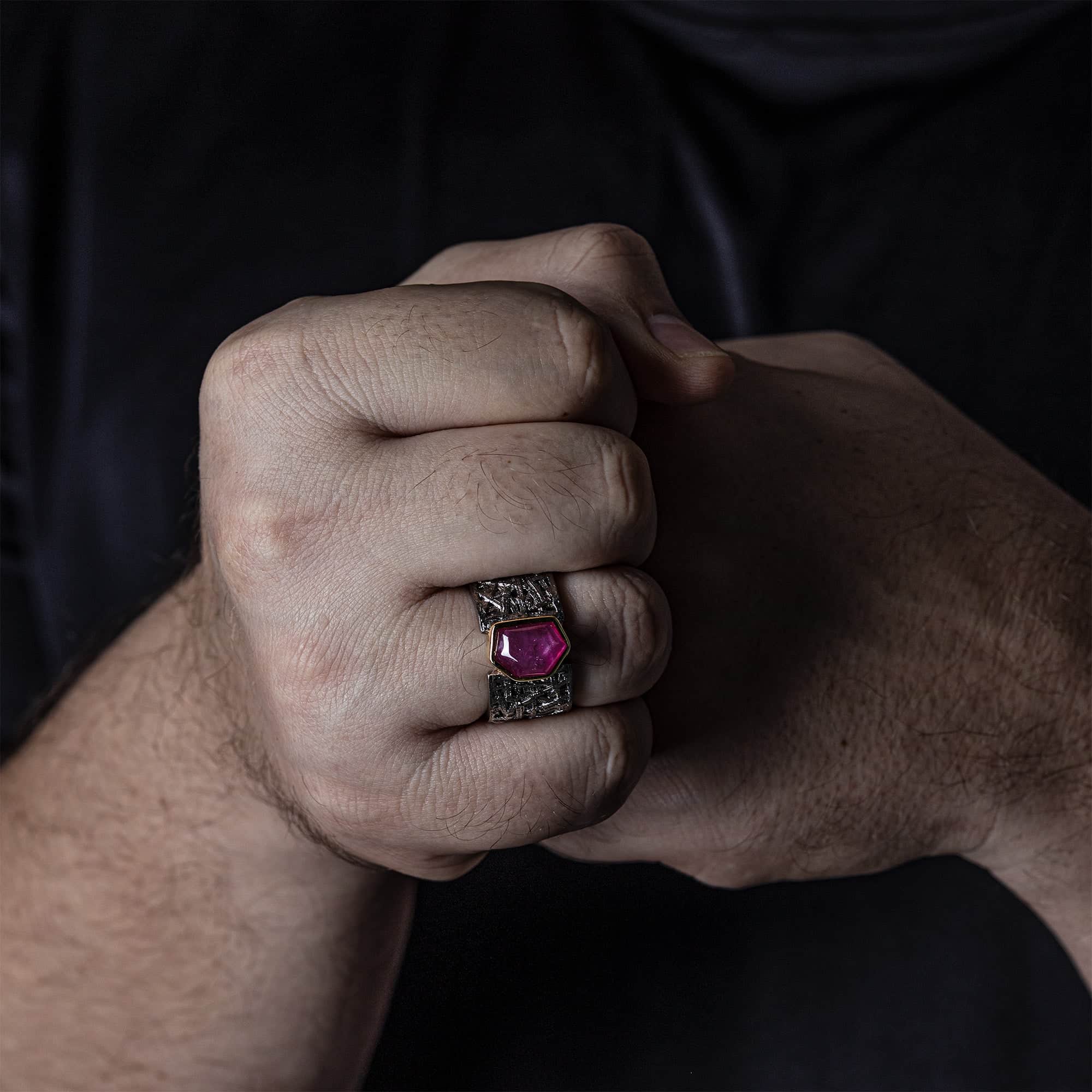 Kay Singular Edition Fancy-Cut Ruby Barrel Ring in Black Ruthenium & Gold-Plated Silver