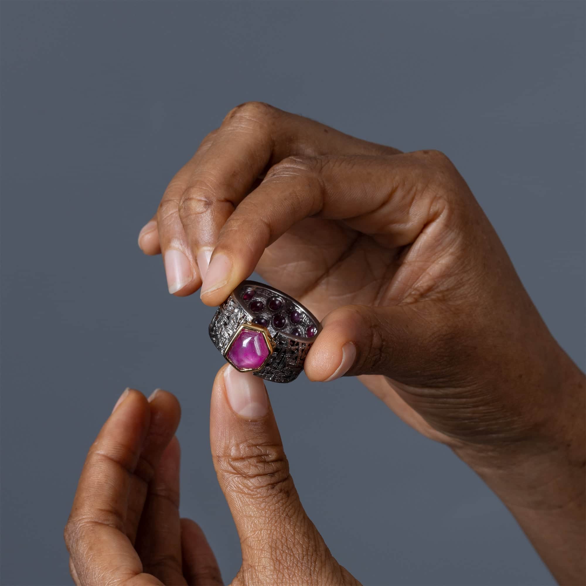 Kay Singular Edition Fancy-Cut Ruby Barrel Ring in Black Ruthenium & Gold-Plated Silver