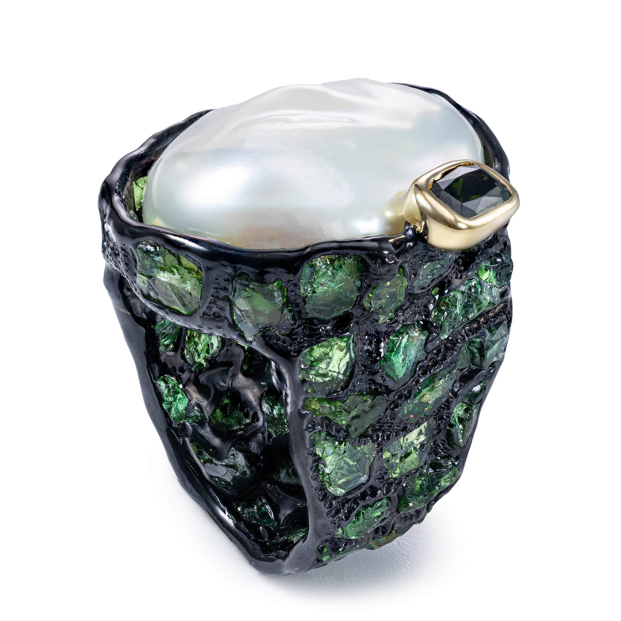 Peitho Singular Ring in Sterling Silver with Baroque Pearl & Chrome Diopside Mosaic