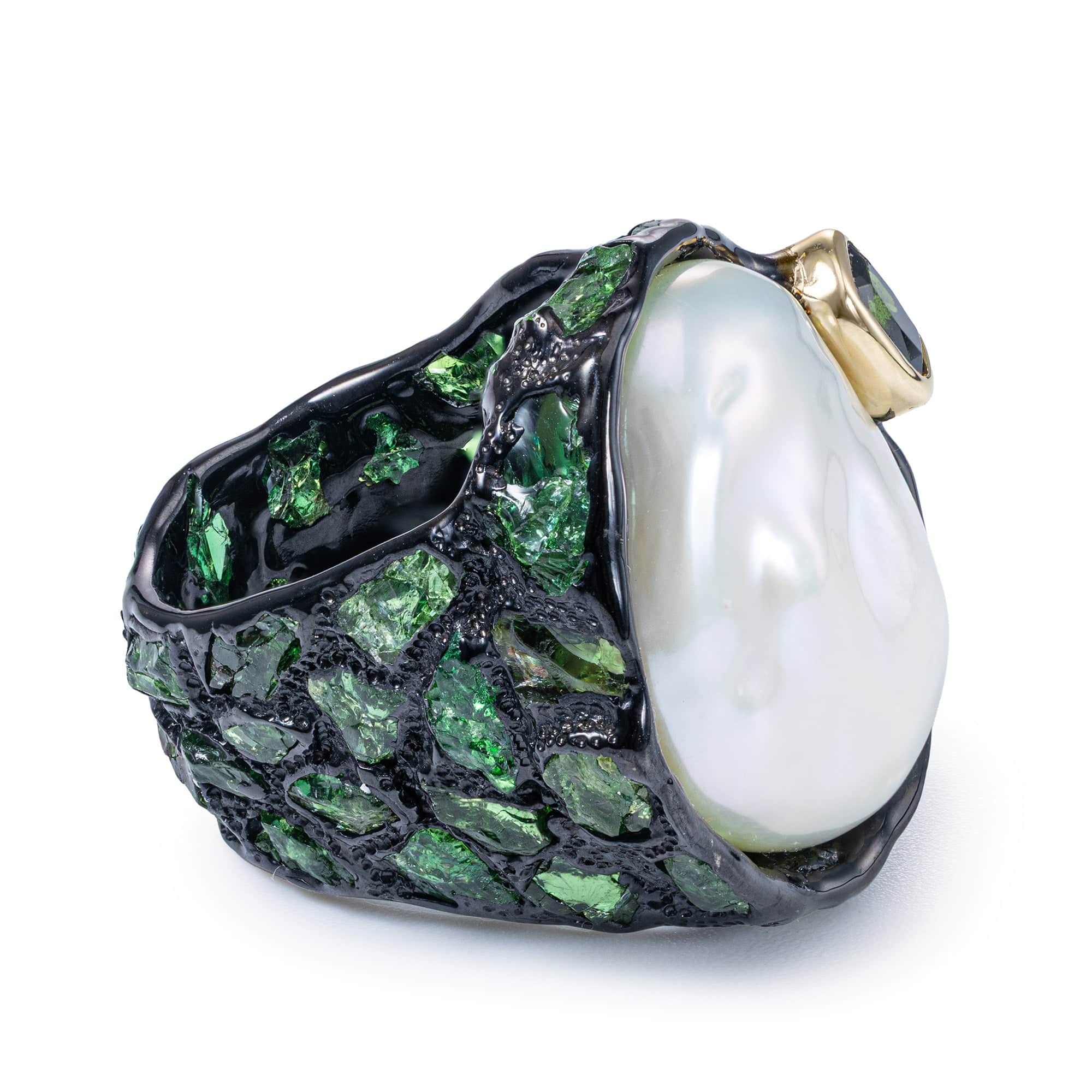 Peitho Singular Ring in Sterling Silver with Baroque Pearl & Chrome Diopside Mosaic