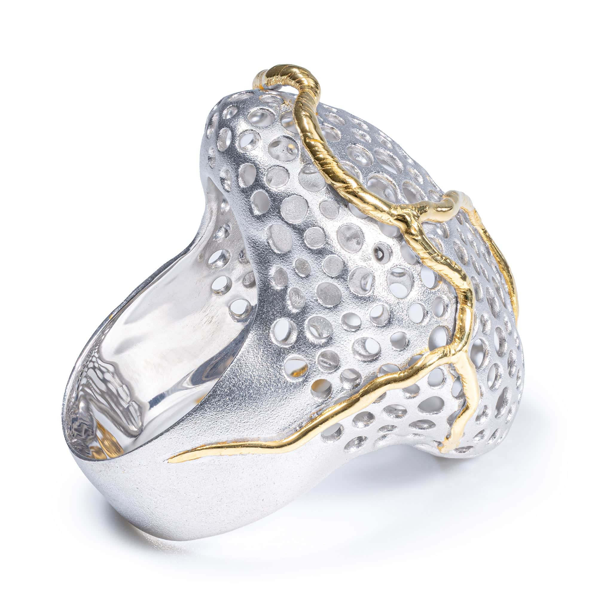 Sallan Singular Edition Silver Ring with Black Opal Cabochon in White Rhodium & 14K Gold