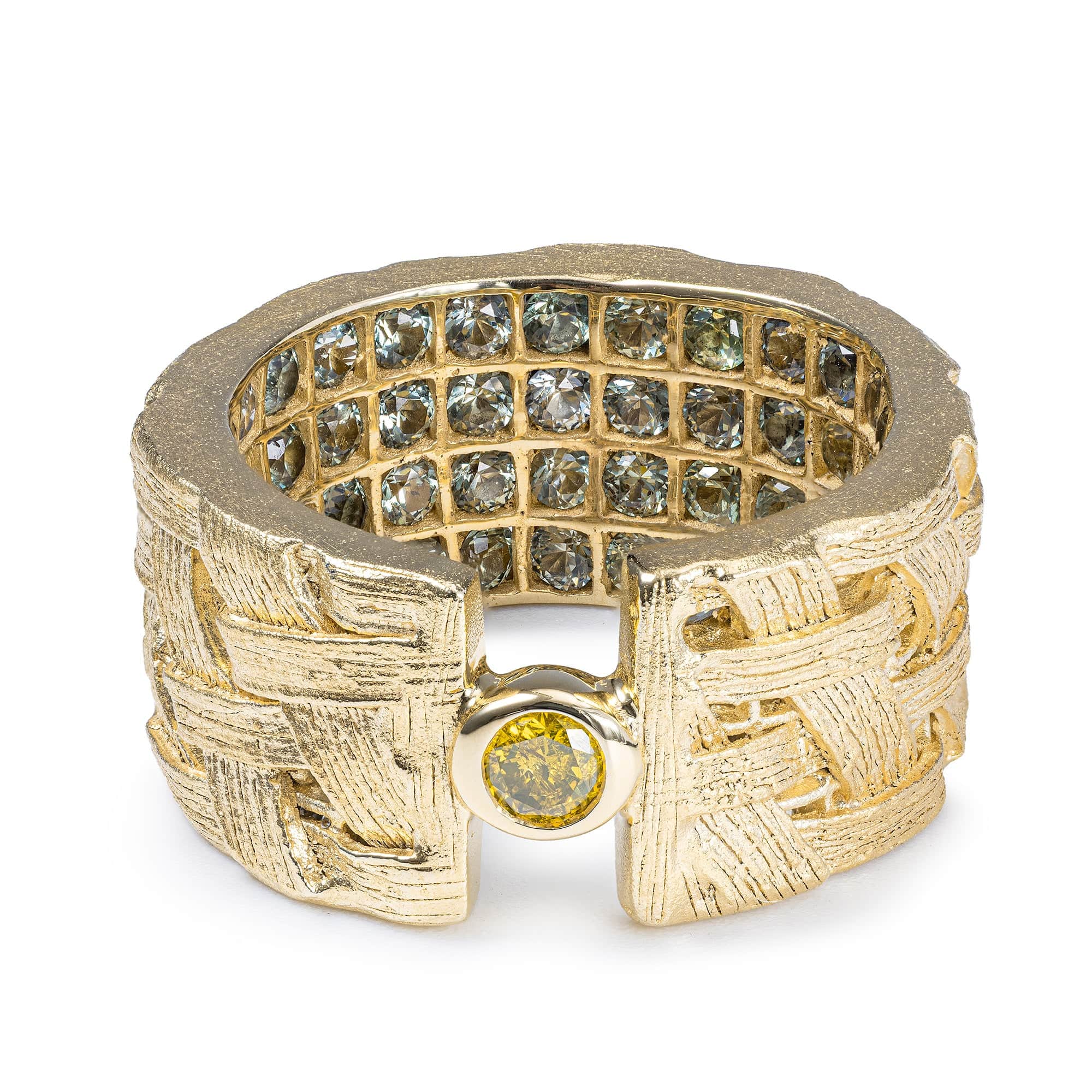 Lethe Singular Egoist Ring in 14K Gold Plated Silver with Golden Diamond & Hidden Green Sapphires