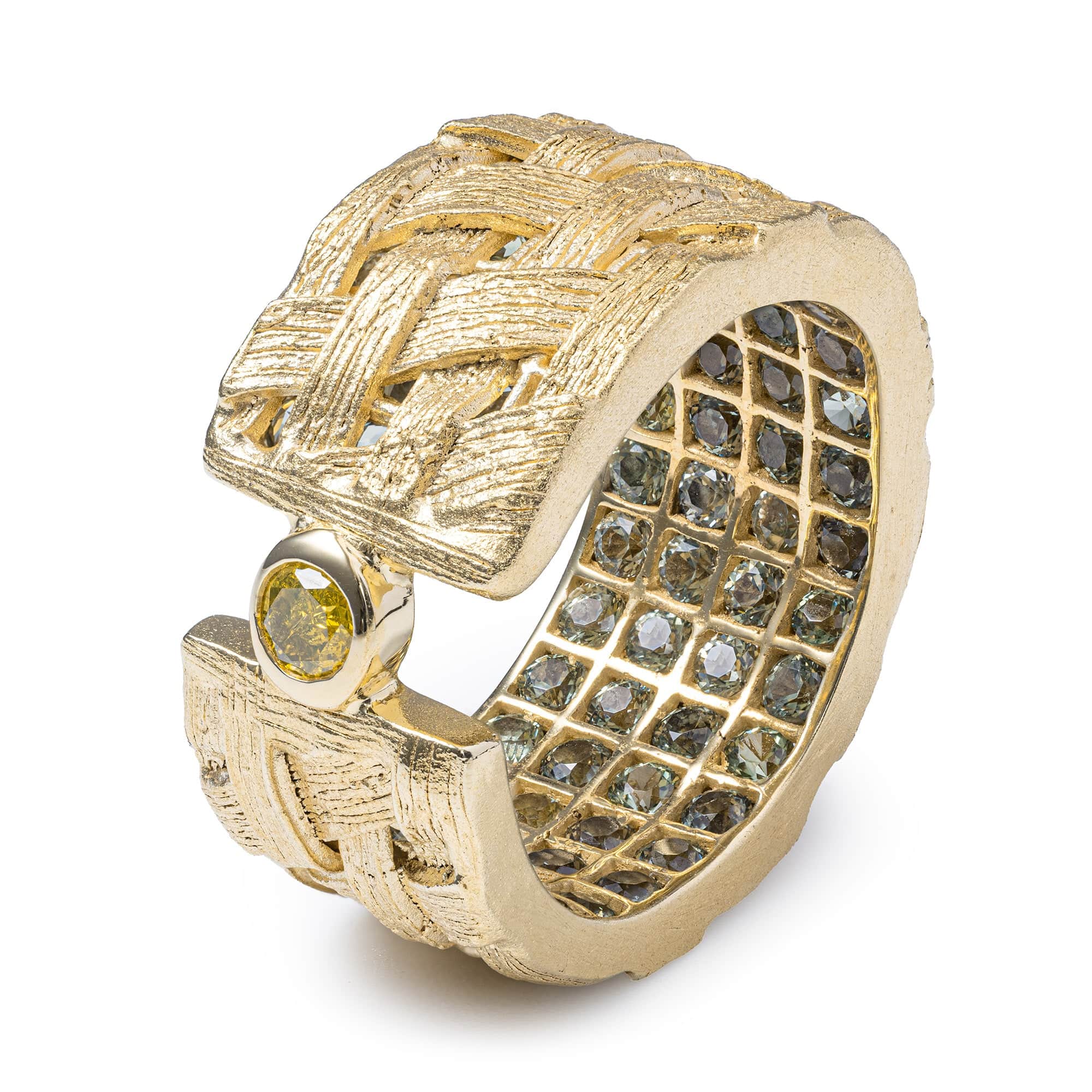 Lethe Singular Egoist Ring in 14K Gold Plated Silver with Golden Diamond & Hidden Green Sapphires