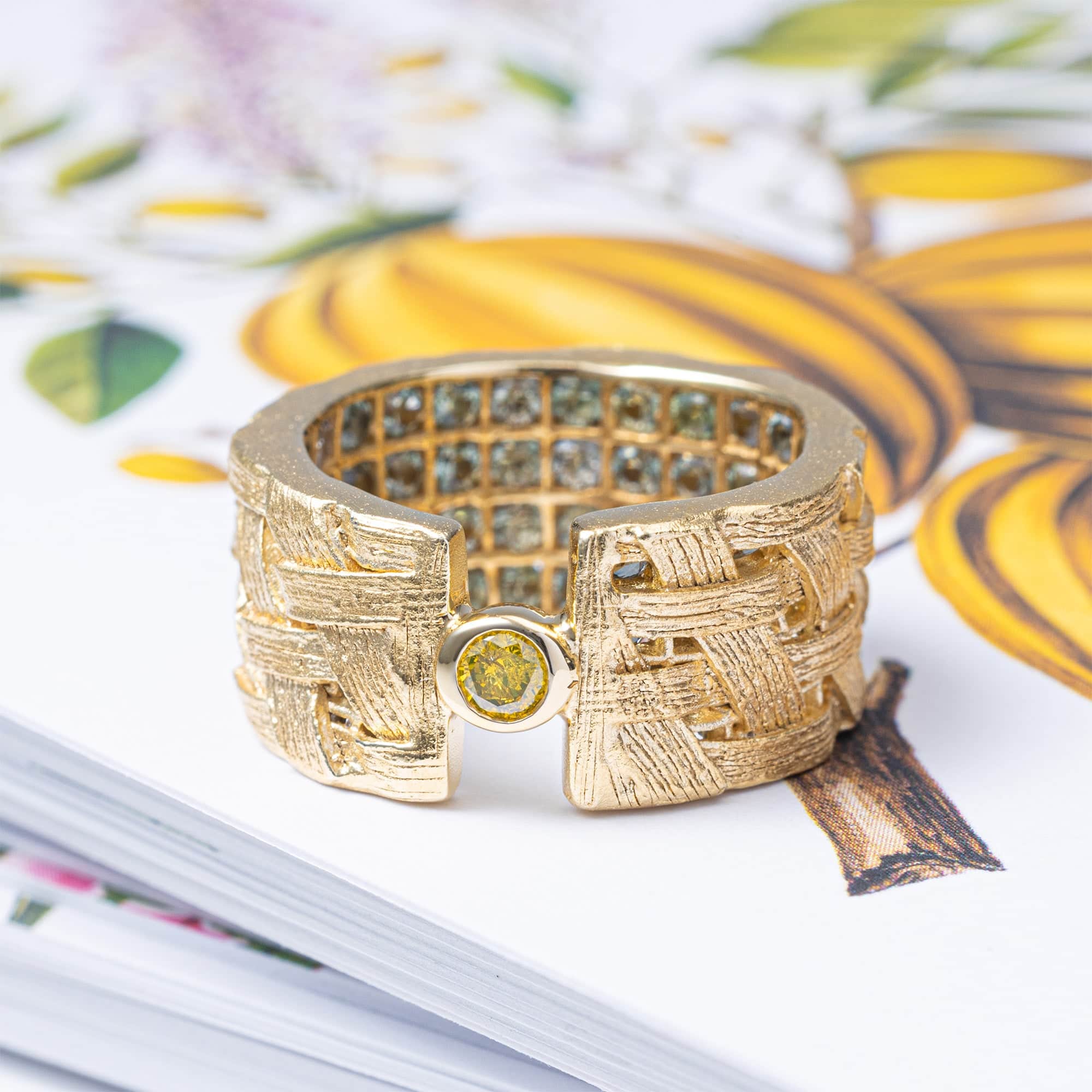 Lethe Singular Egoist Ring in 14K Gold Plated Silver with Golden Diamond & Hidden Green Sapphires