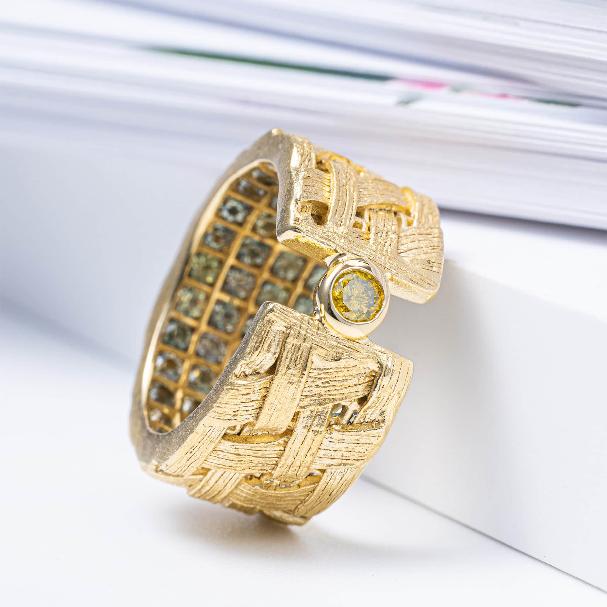 Lethe Singular Egoist Ring in 14K Gold Plated Silver with Golden Diamond & Hidden Green Sapphires