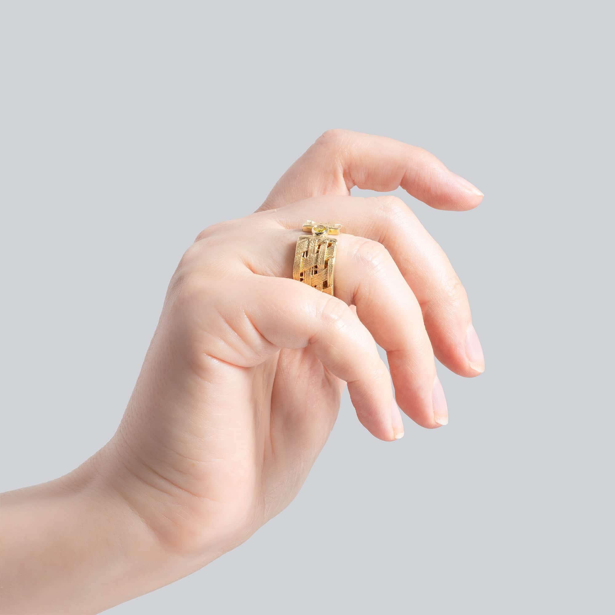 Lethe Singular Egoist Ring in 14K Gold Plated Silver with Golden Diamond & Hidden Green Sapphires