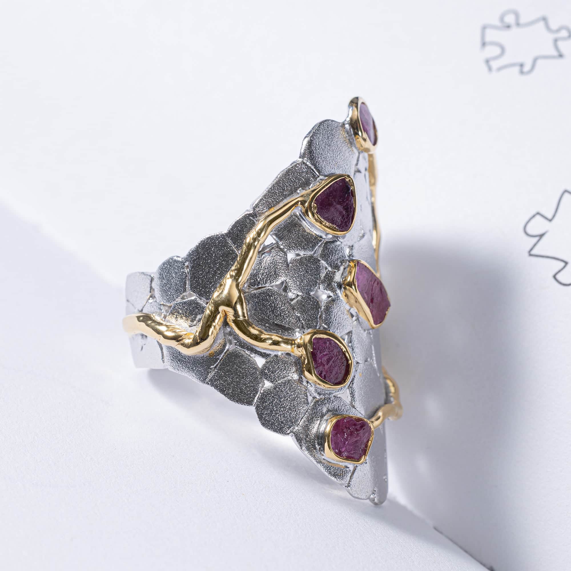 Agnis Singular Edition Wide Band Silver Ring with Rough Rubies