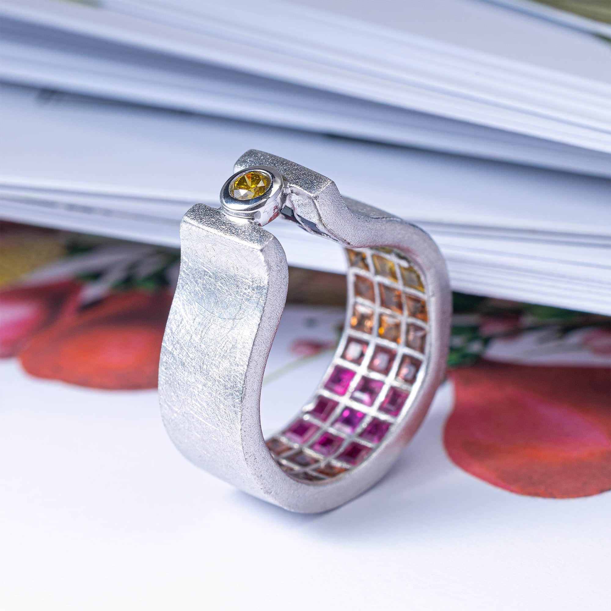 Caligo Singular Egoist Ring in Silver with Golden Diamond & Hidden Mixed Sapphires