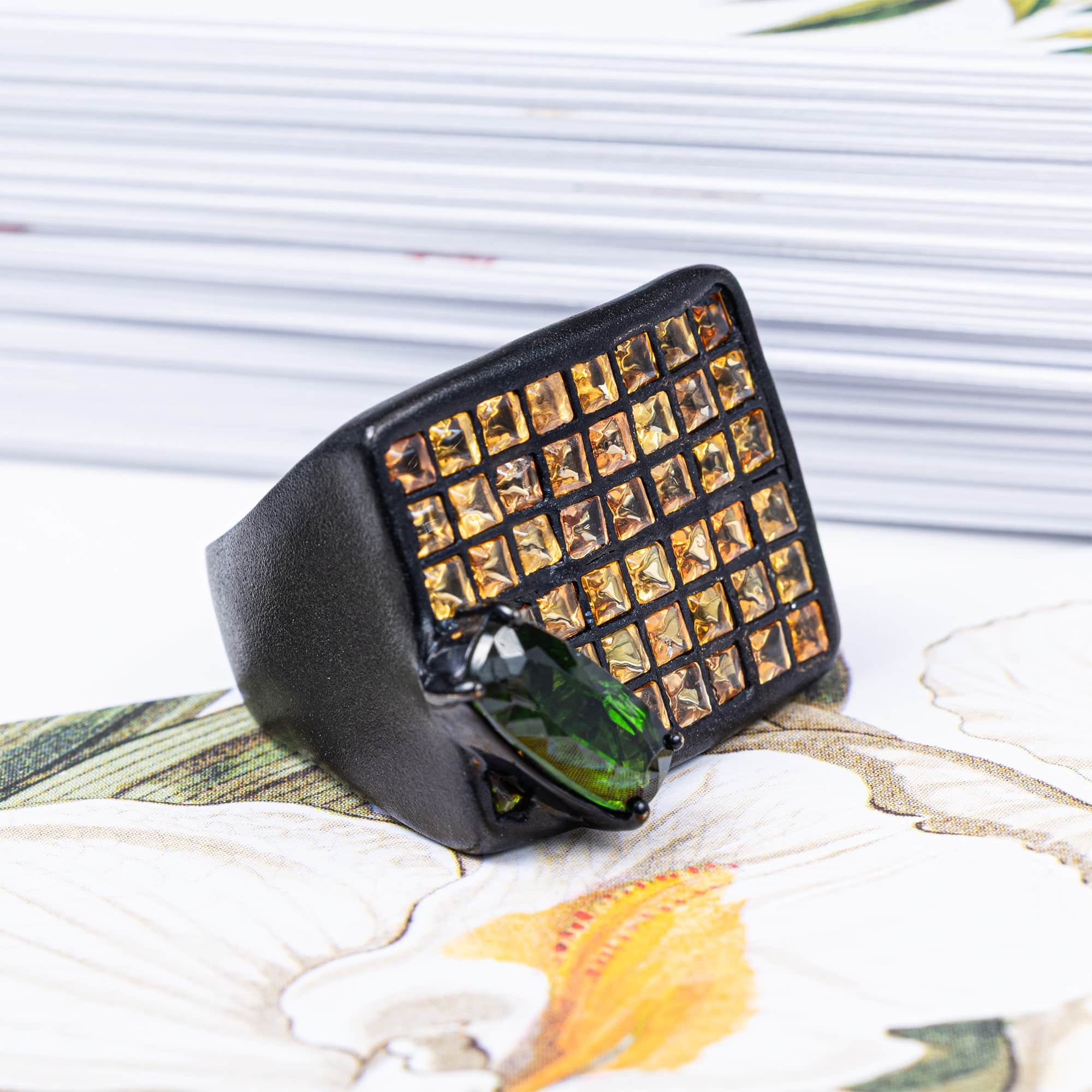 Melas Statement Ring in Sterling Silver with Yellow Sapphire Tiles & Chrome Diopside