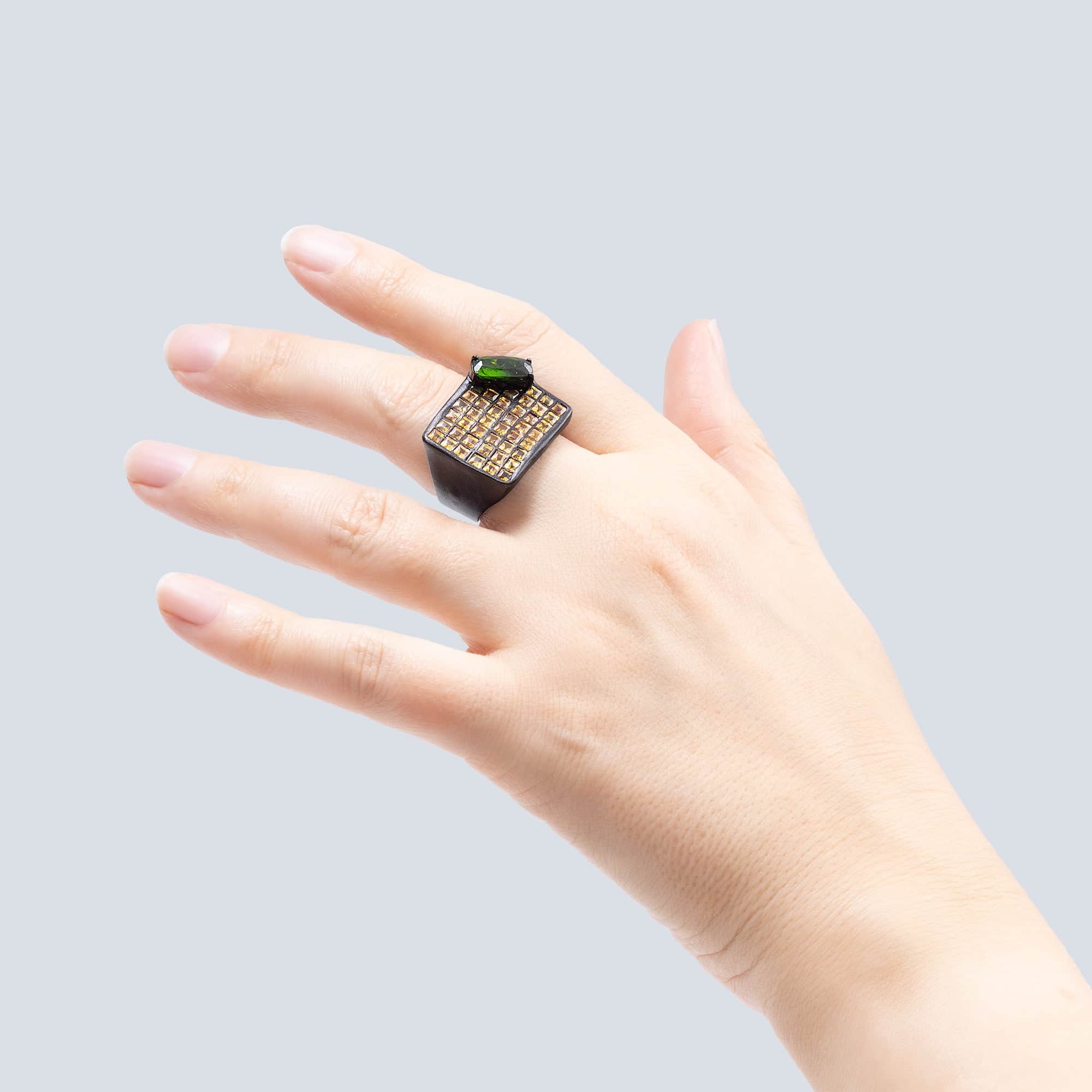 Melas Statement Ring in Sterling Silver with Yellow Sapphire Tiles & Chrome Diopside