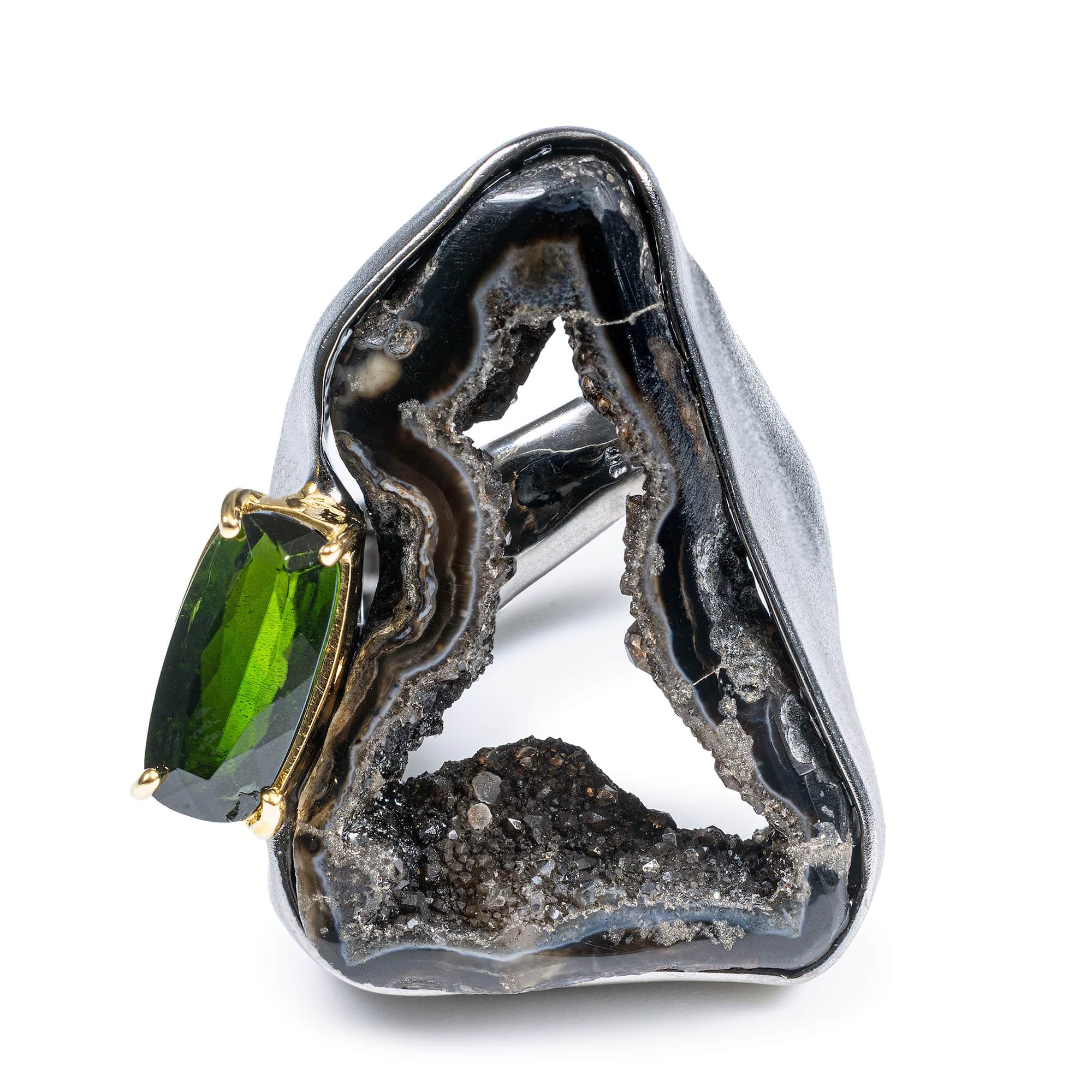 Pontus Singular Edition Silver Ring with Brown Agate Slice and Chrome Diopside