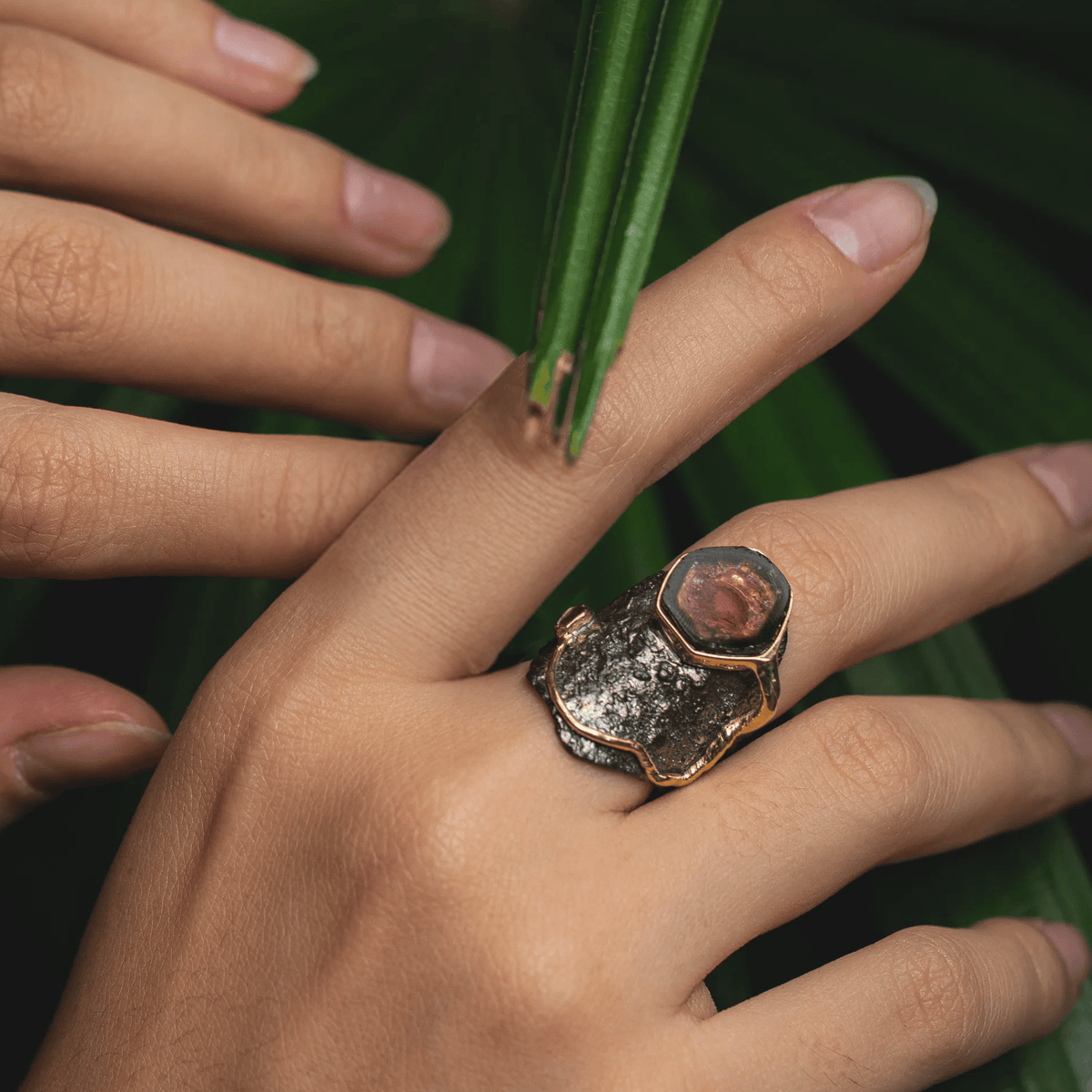 Pepo Singular Edition Silver Ring with Natural Raw Watermelon Tourmaline Crystal Slice