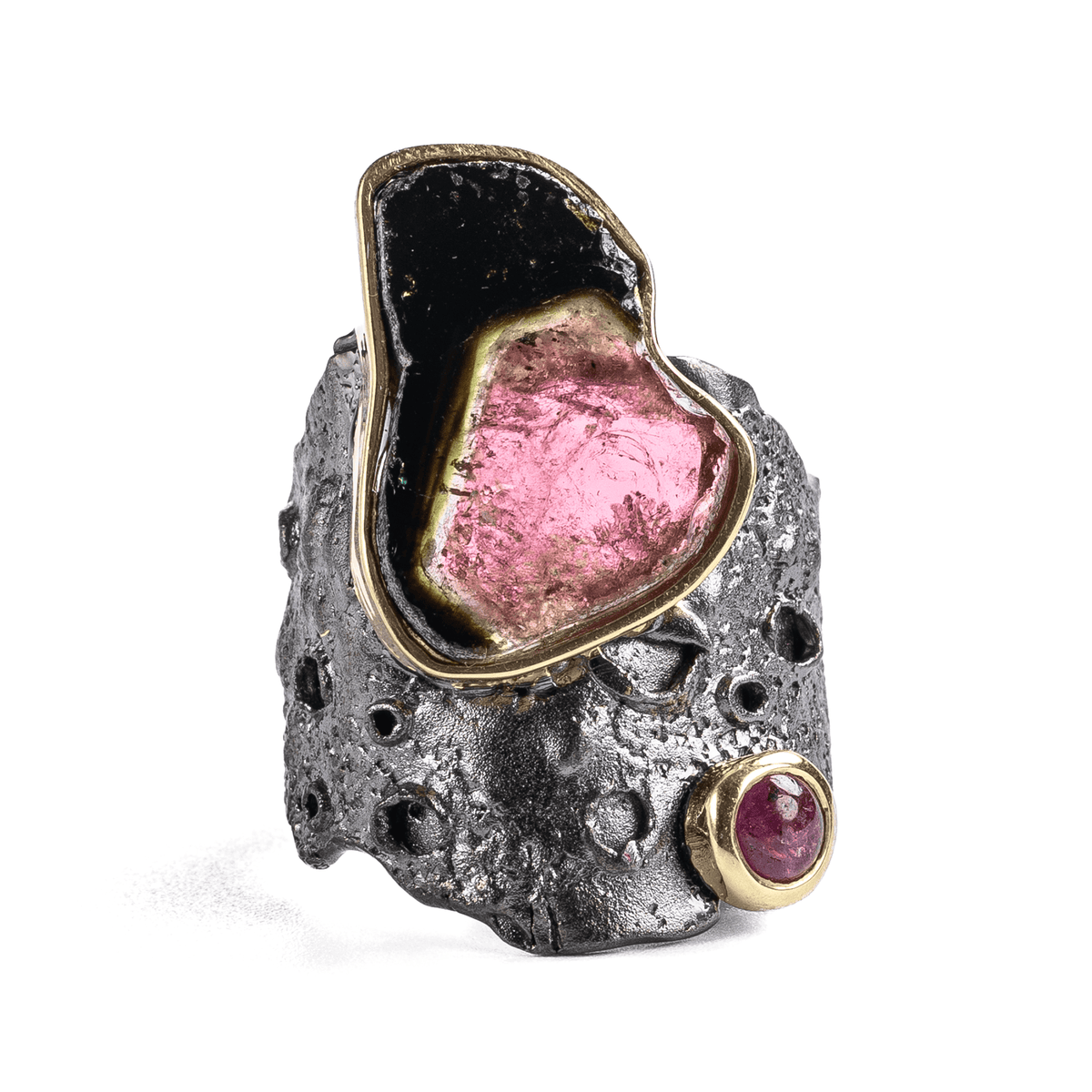 Adom Singular Edition Natural Raw Watermelon Tourmaline Slice & Cabochon Ruby Silver Ring