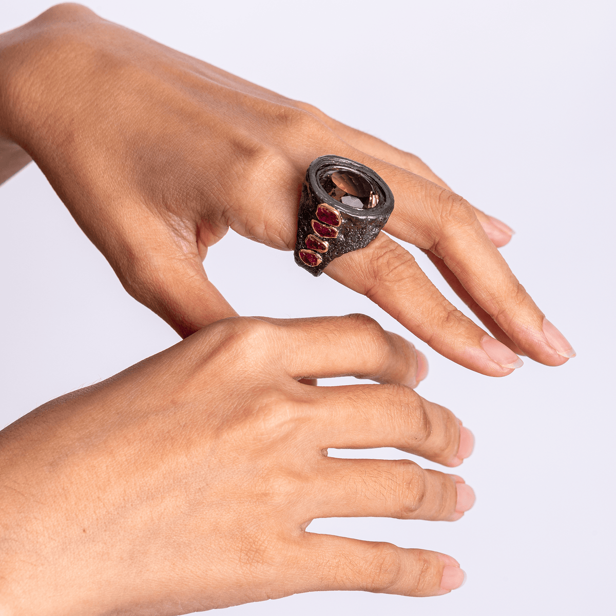 Ljoss Singular Edition Natural Smoky Quartz & Raw Ruby Silver Ring