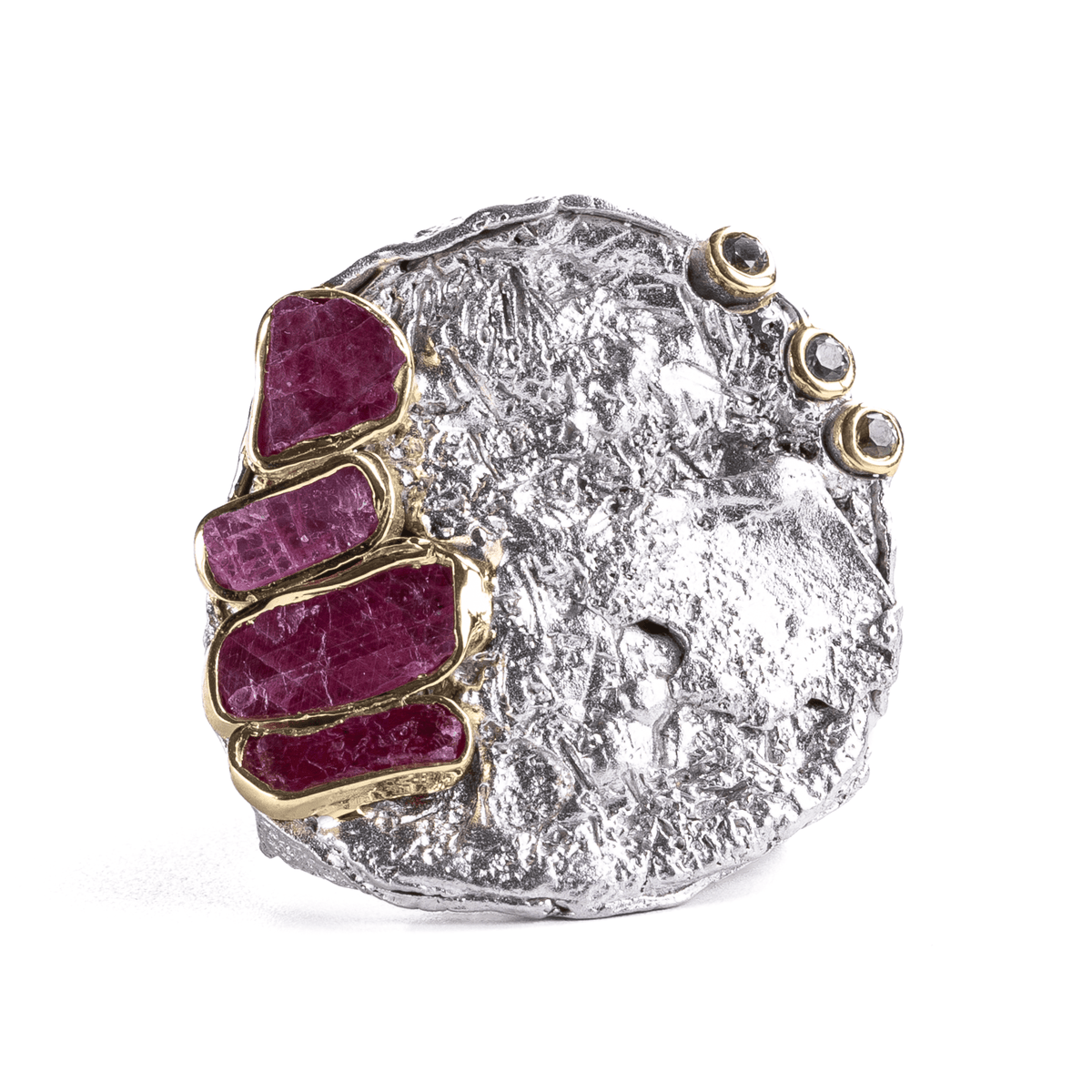 Gle Singular Edition Natural Raw Ruby & Round Cut Green Sapphire Silver Ring