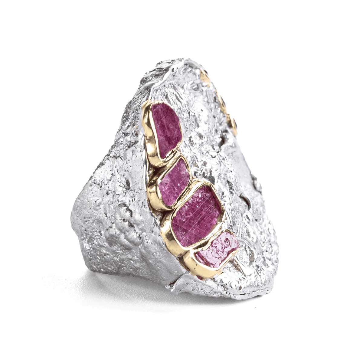 Gle Singular Edition Natural Raw Ruby & Round Cut Green Sapphire Silver Ring