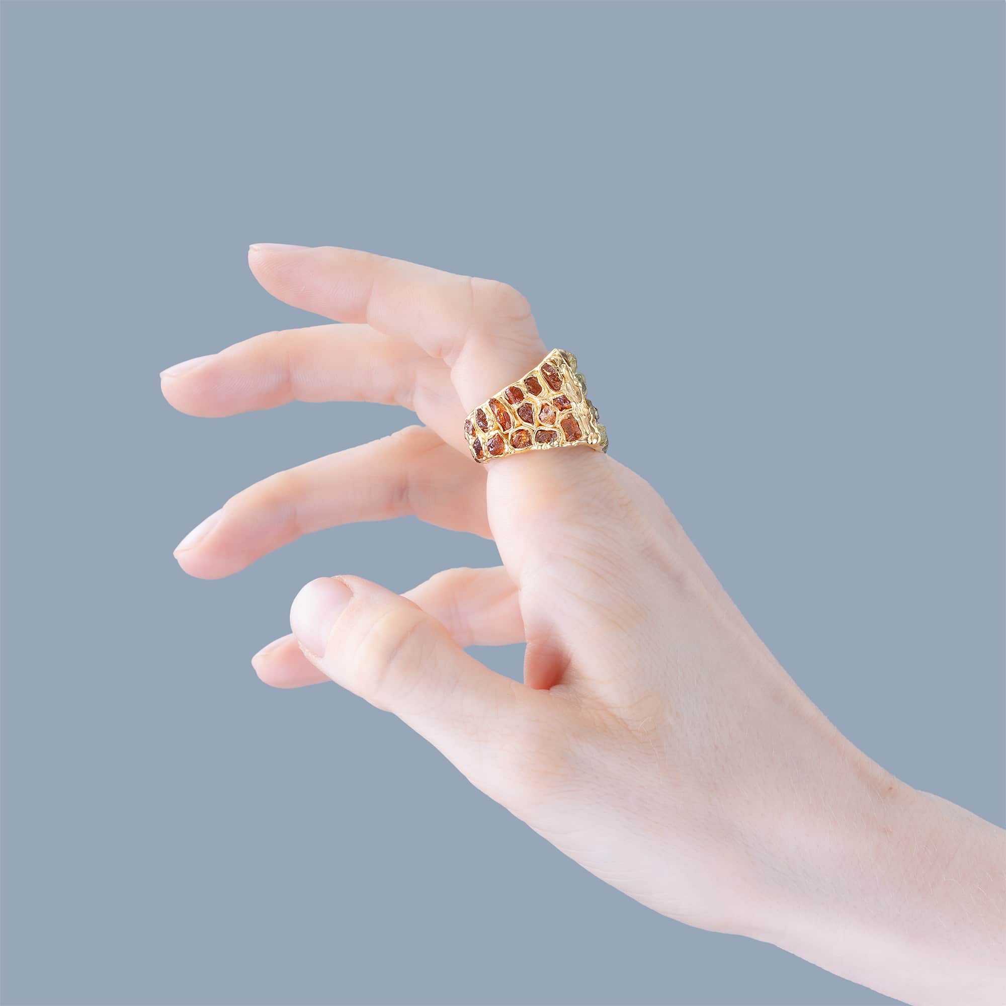 Eris Singular Design Gold Plated Silver Signet Ring with Spessartine & Mali Garnet